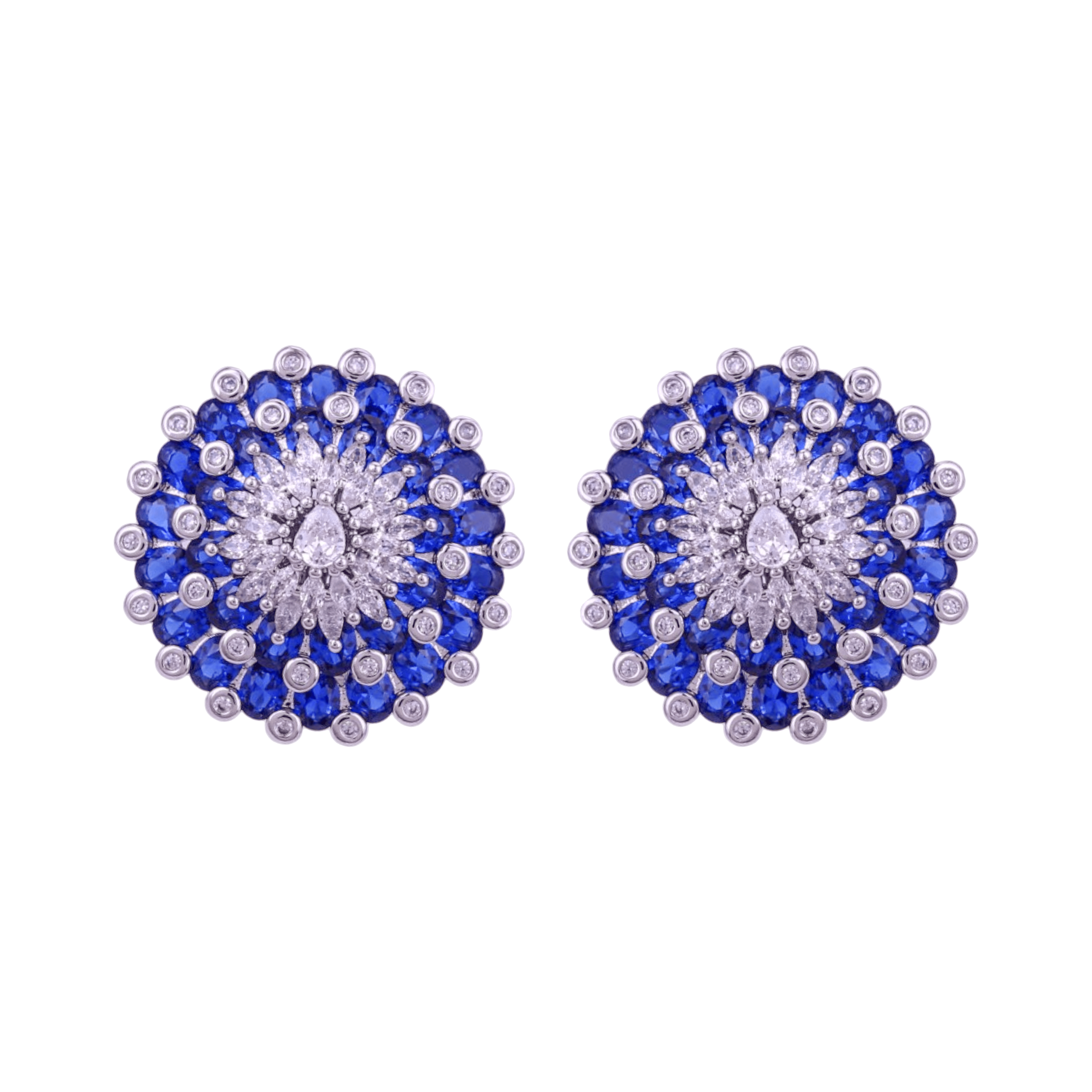 Mataari Earrings Silver Moissanite Crystal Flower Clip On Stud Earrings with Emerald & Blue Sapphire Accents