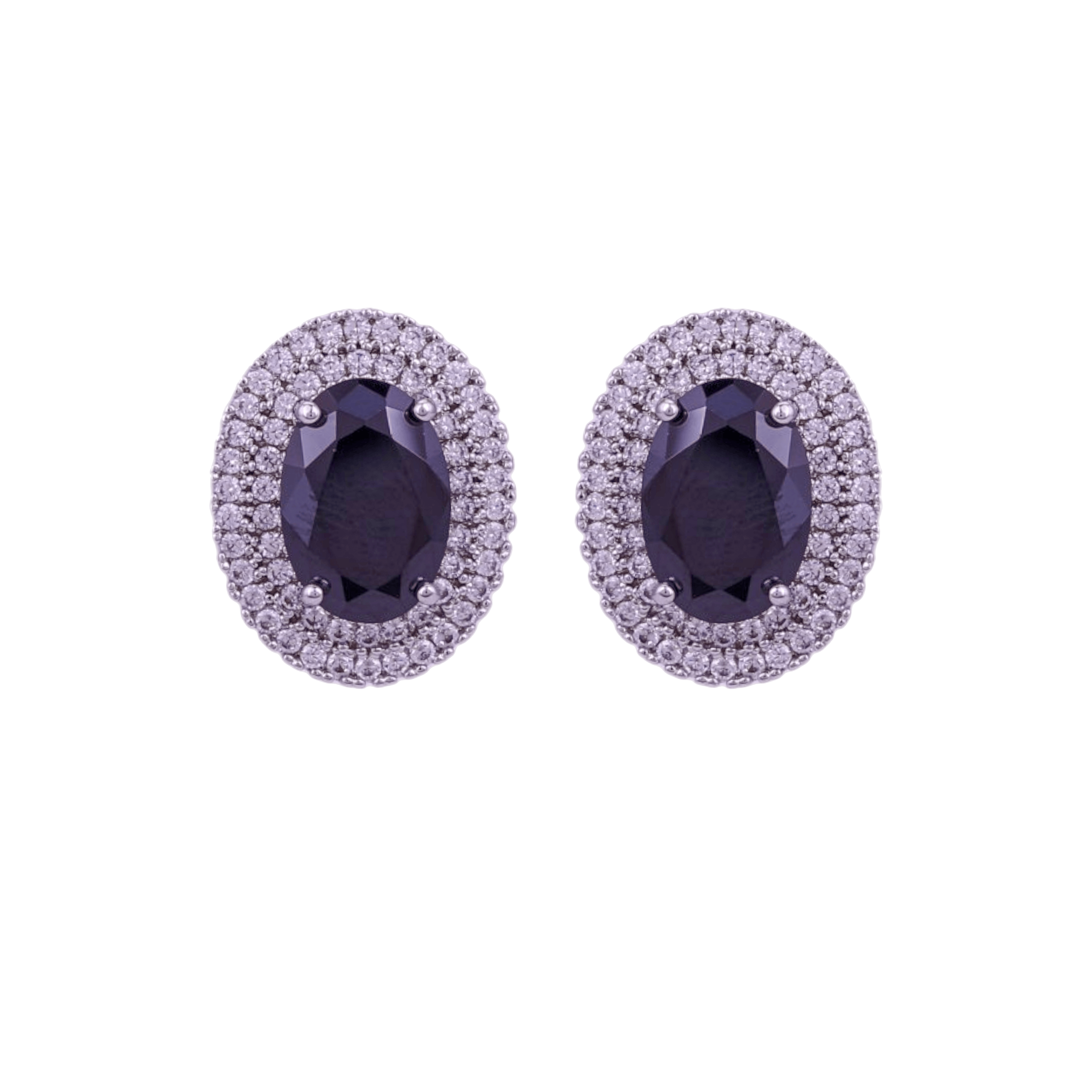 Mataari Earrings Silver Plated Crystal Moissanite Oval Stud Earrings with Black Sapphire, Ruby & Emerald Stones