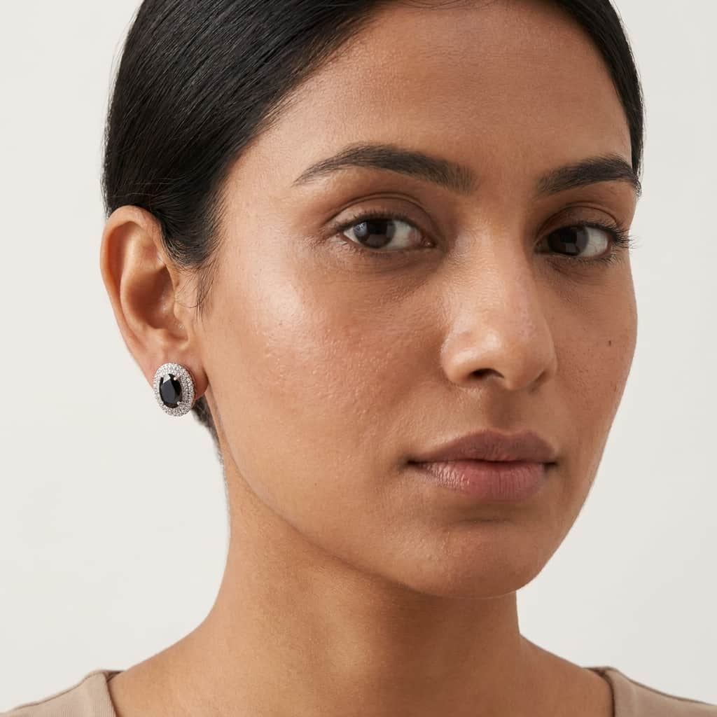 Mataari Earrings Silver Plated Crystal Moissanite Oval Stud Earrings with Black Sapphire, Ruby & Emerald Stones