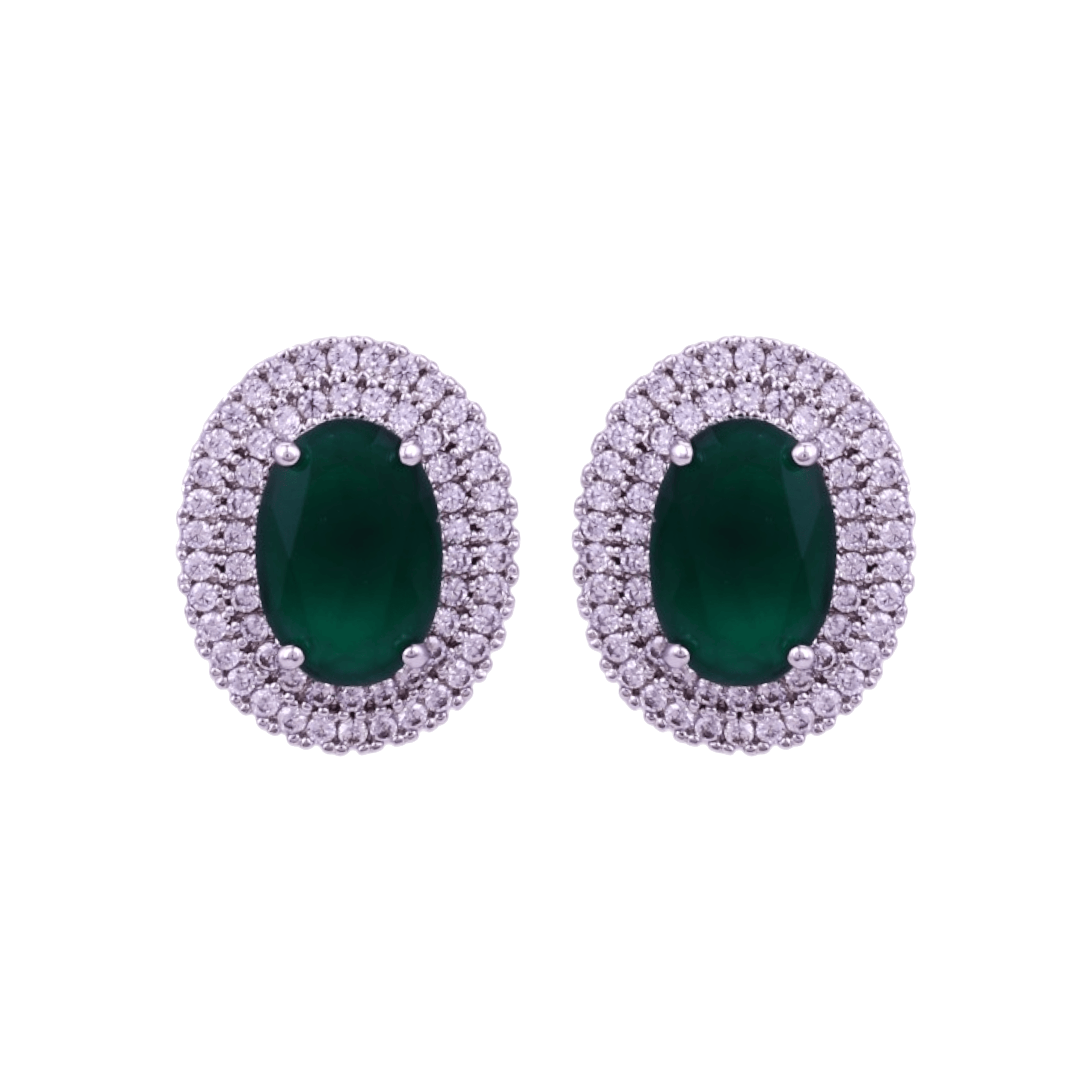 Mataari Earrings Silver Plated Crystal Moissanite Oval Stud Earrings with Black Sapphire, Ruby & Emerald Stones
