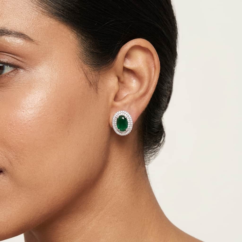 Mataari Earrings Silver Plated Crystal Moissanite Oval Stud Earrings with Black Sapphire, Ruby & Emerald Stones
