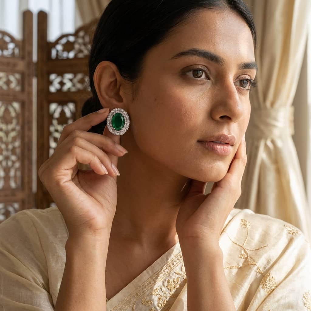 Mataari Earrings Silver Plated Crystal Moissanite Oval Stud Earrings with Black Sapphire, Ruby & Emerald Stones