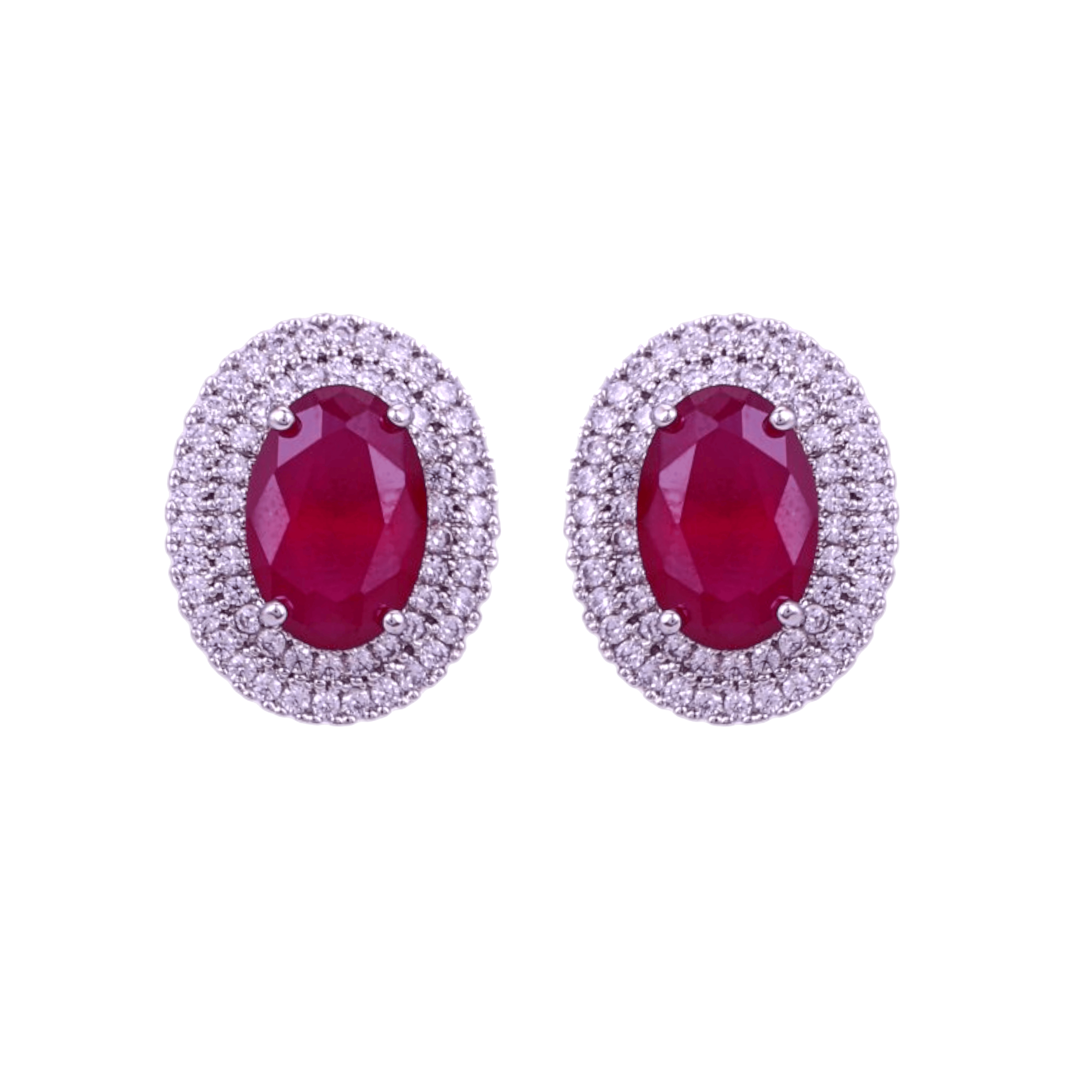 Mataari Earrings Silver Plated Crystal Moissanite Oval Stud Earrings with Black Sapphire, Ruby & Emerald Stones