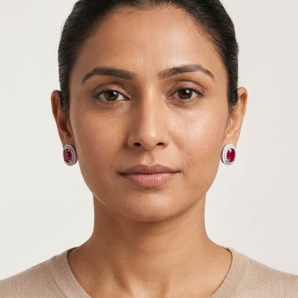 Mataari Earrings Silver Plated Crystal Moissanite Oval Stud Earrings with Black Sapphire, Ruby & Emerald Stones
