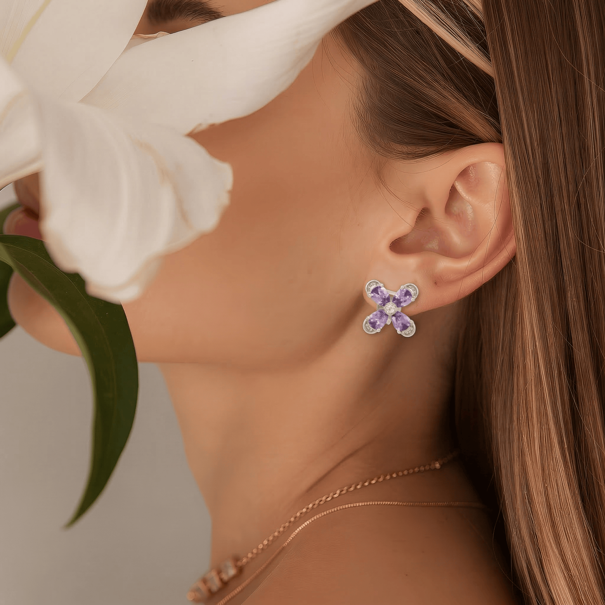 Mataari Earrings Sterling Silver Amethyst Flower Cubic Zirconia Stud Earrings