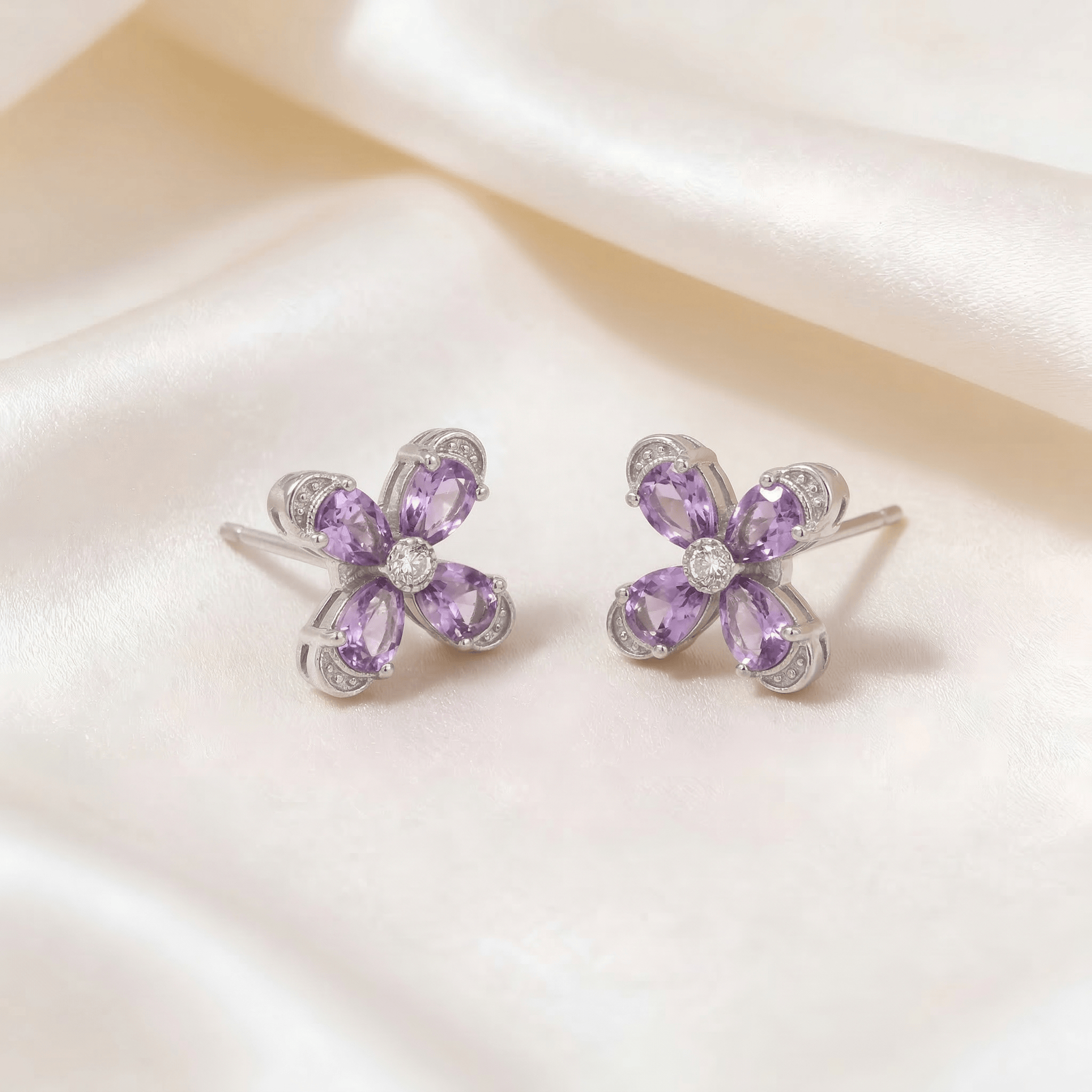 Mataari Earrings Sterling Silver Amethyst Flower Cubic Zirconia Stud Earrings