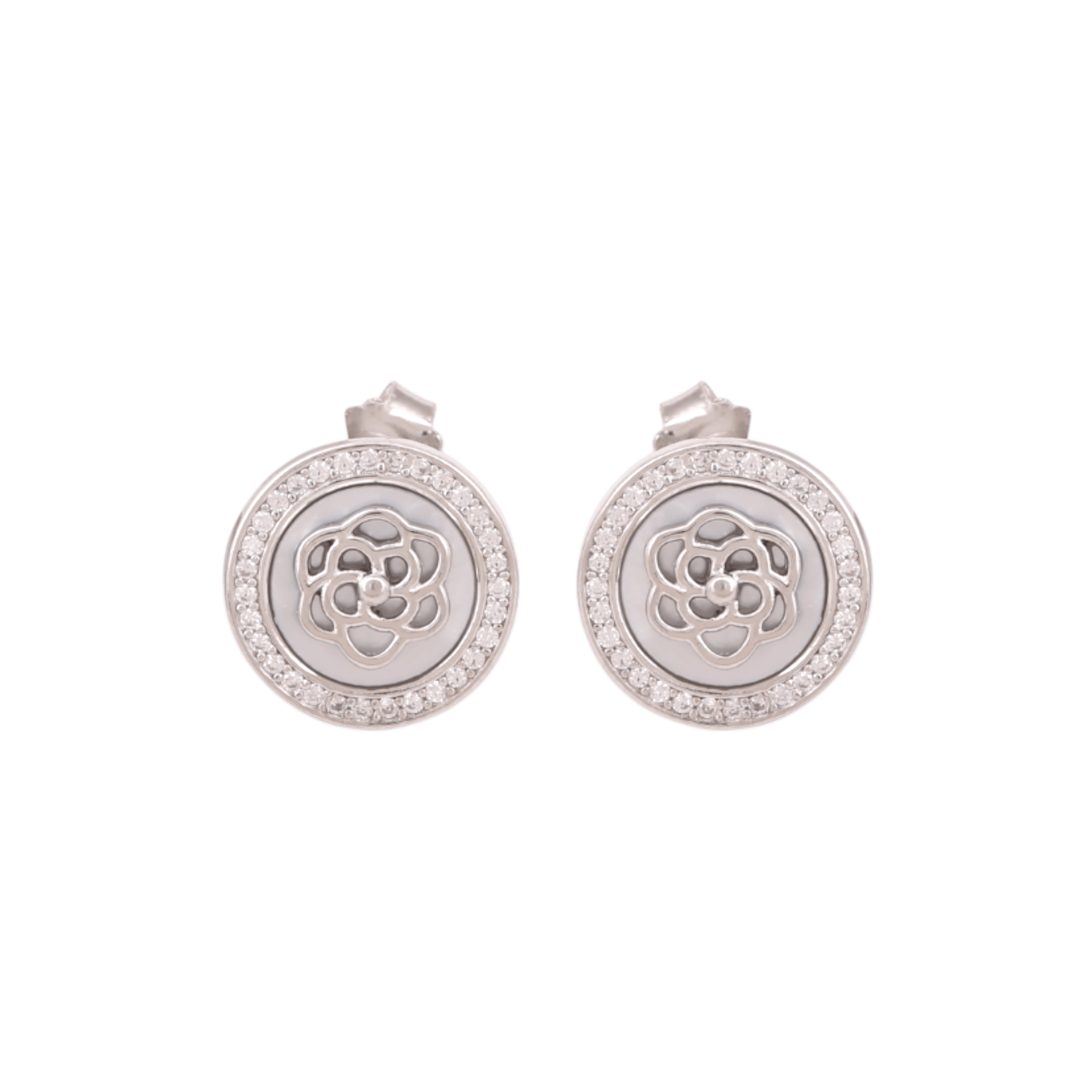 Mataari Earrings Sterling Silver Circle Cubic Zirconia Flower Stud Earrings