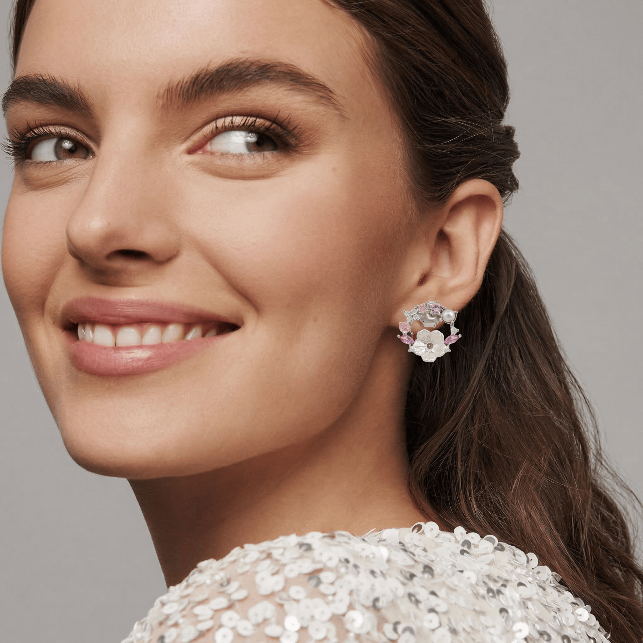 Mataari Earrings Sterling Silver Cubic Zirconia Vintage Enamel Flower Rose Quartz Stud Earrings