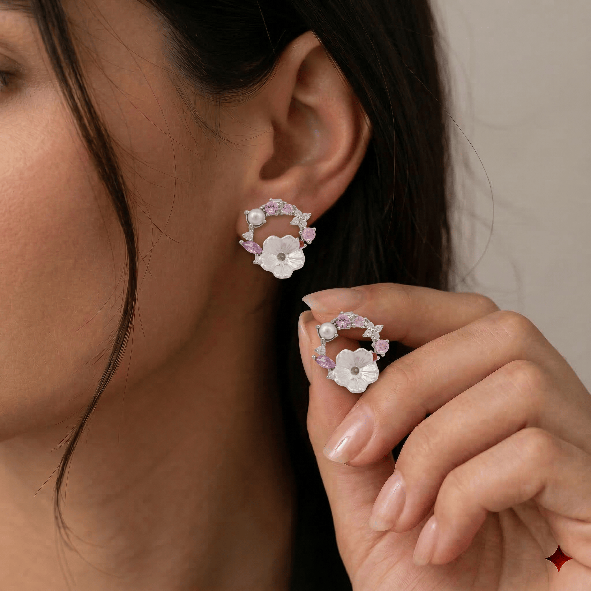 Mataari Earrings Sterling Silver Cubic Zirconia Vintage Enamel Flower Rose Quartz Stud Earrings