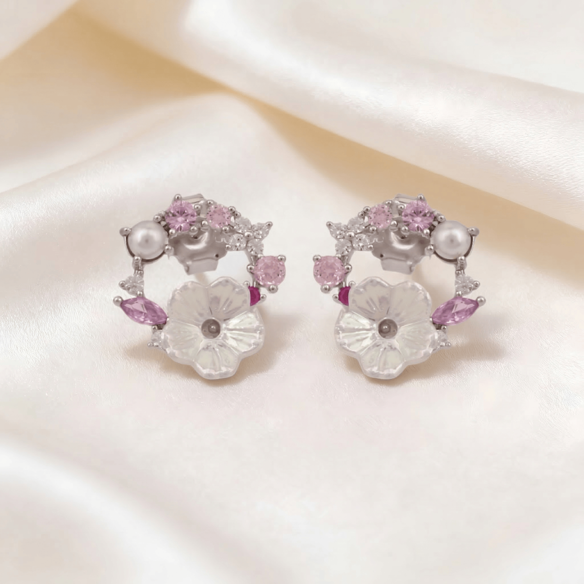Mataari Earrings Sterling Silver Cubic Zirconia Vintage Enamel Flower Rose Quartz Stud Earrings
