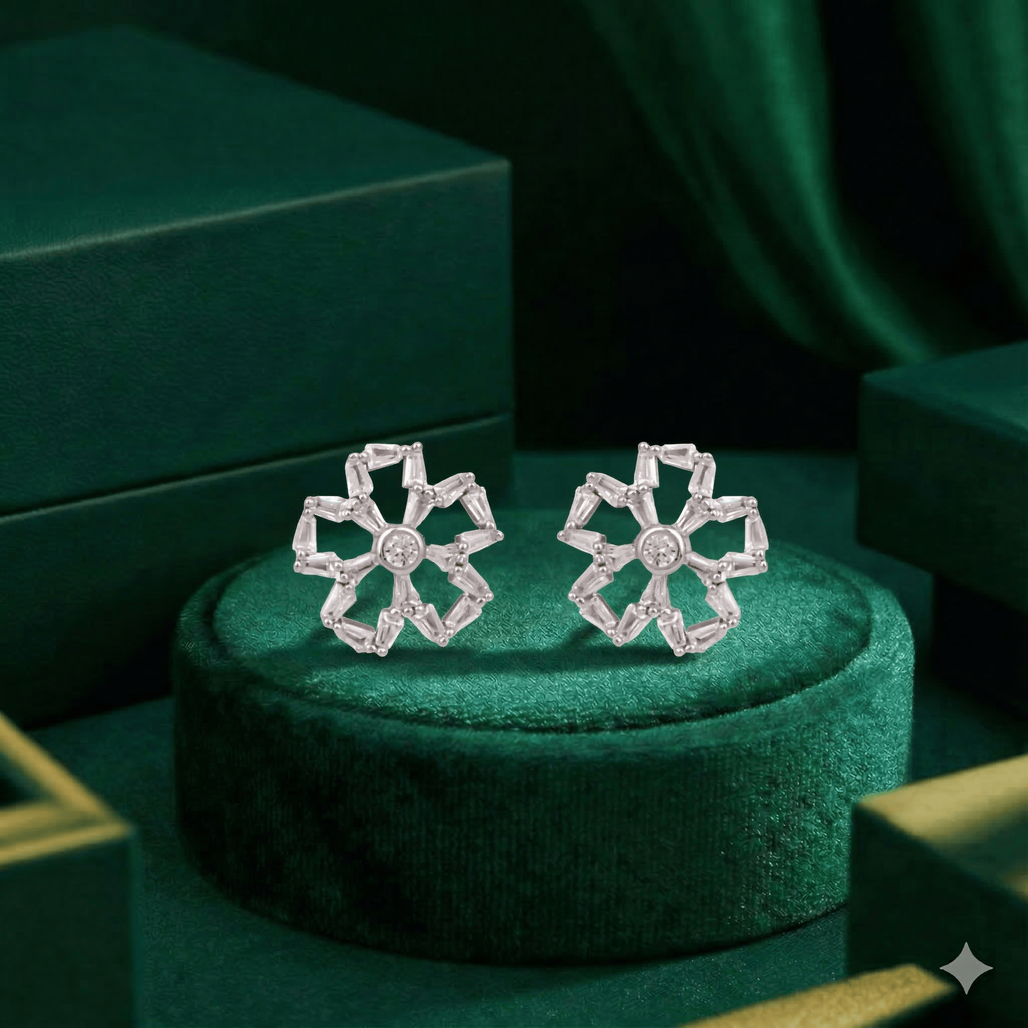 Mataari Earrings Sterling Silver Flower Baguette Cubic Zirconia Stud Earrings