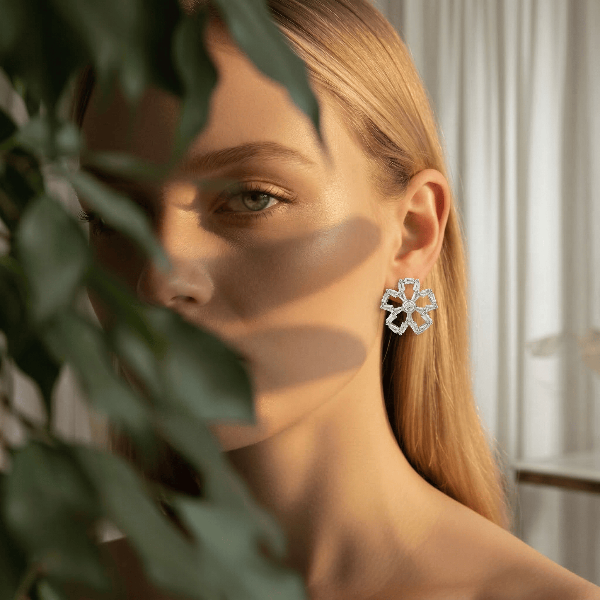 Mataari Earrings Sterling Silver Flower Baguette Cubic Zirconia Stud Earrings