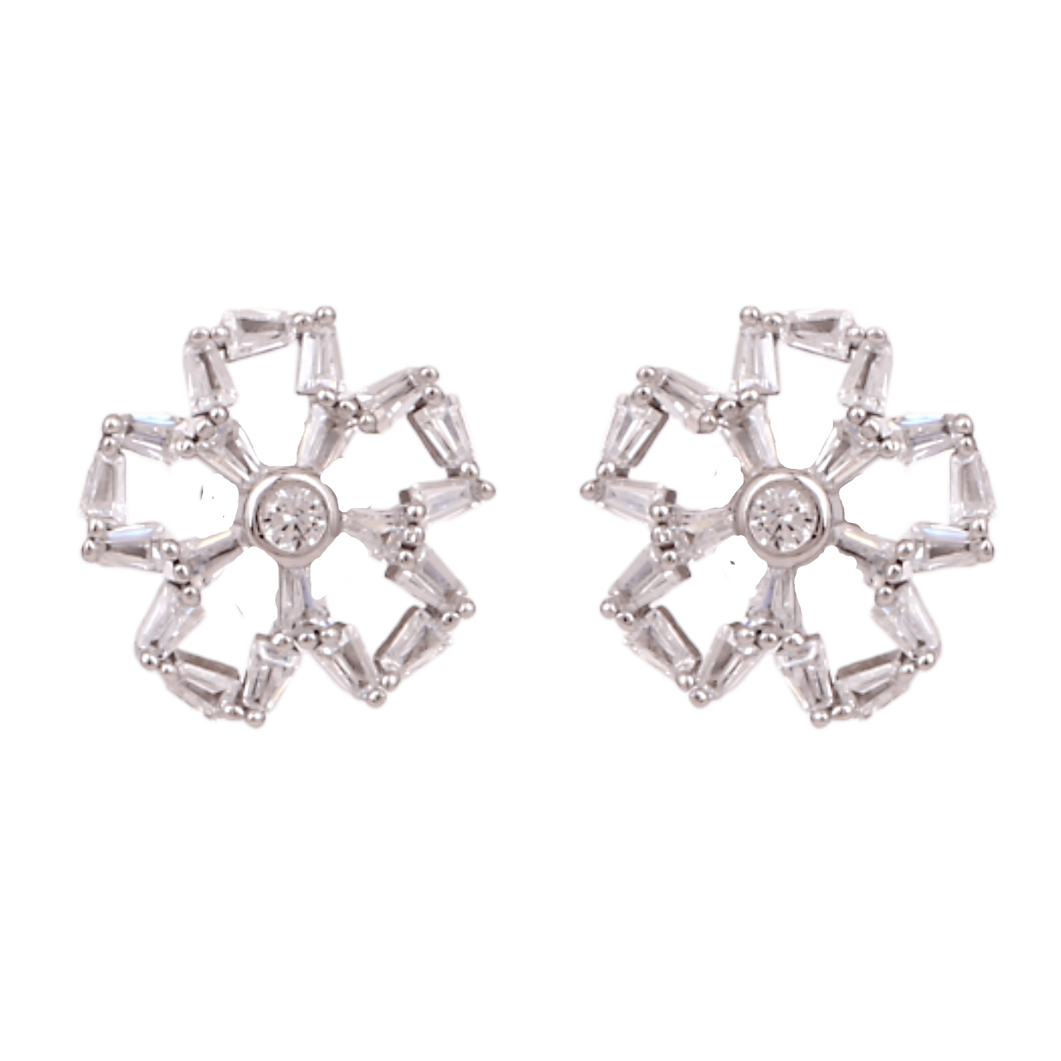 Mataari Earrings Sterling Silver Flower Baguette Cubic Zirconia Stud Earrings