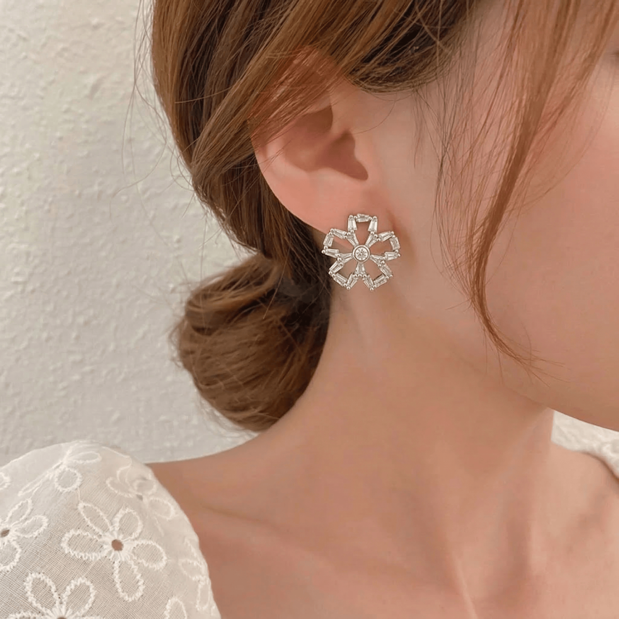 Mataari Earrings Sterling Silver Flower Baguette Cubic Zirconia Stud Earrings
