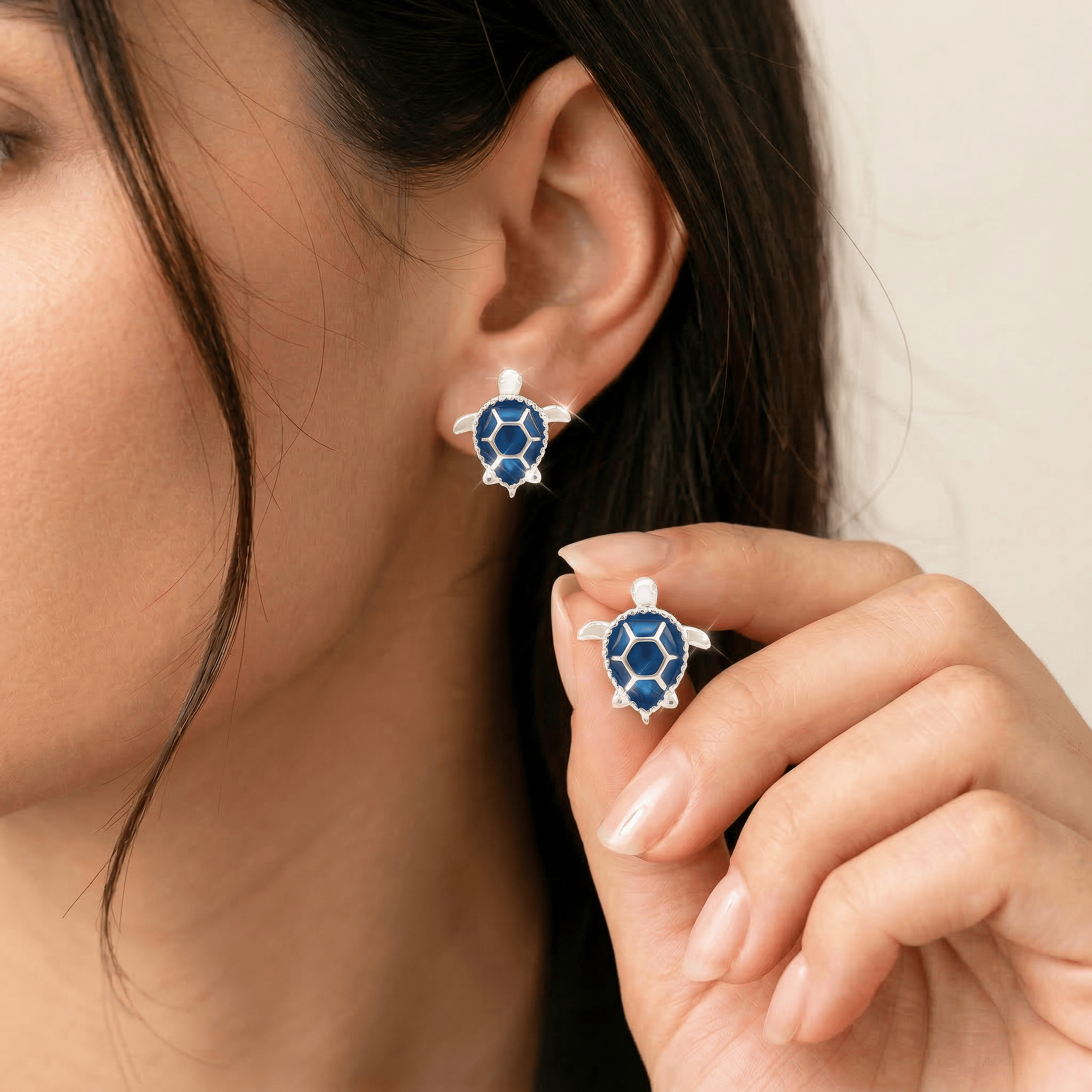 Mataari Earrings Sterling Silver Sea Turtle Enamel Blue Sapphire Stud Earrings