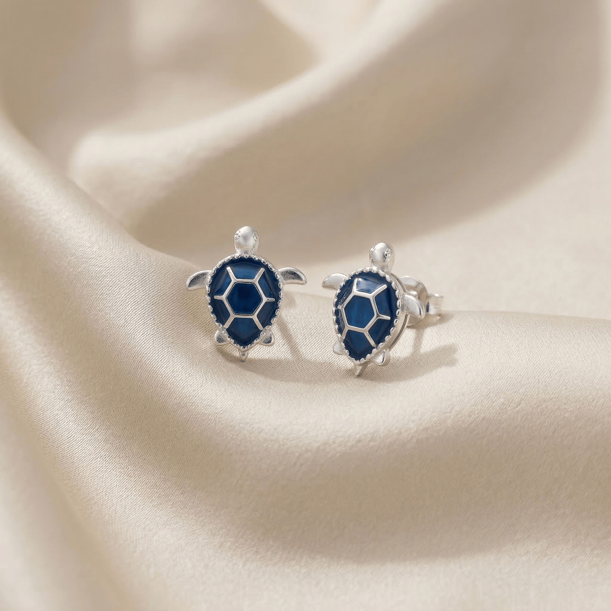 Mataari Earrings Sterling Silver Sea Turtle Enamel Blue Sapphire Stud Earrings