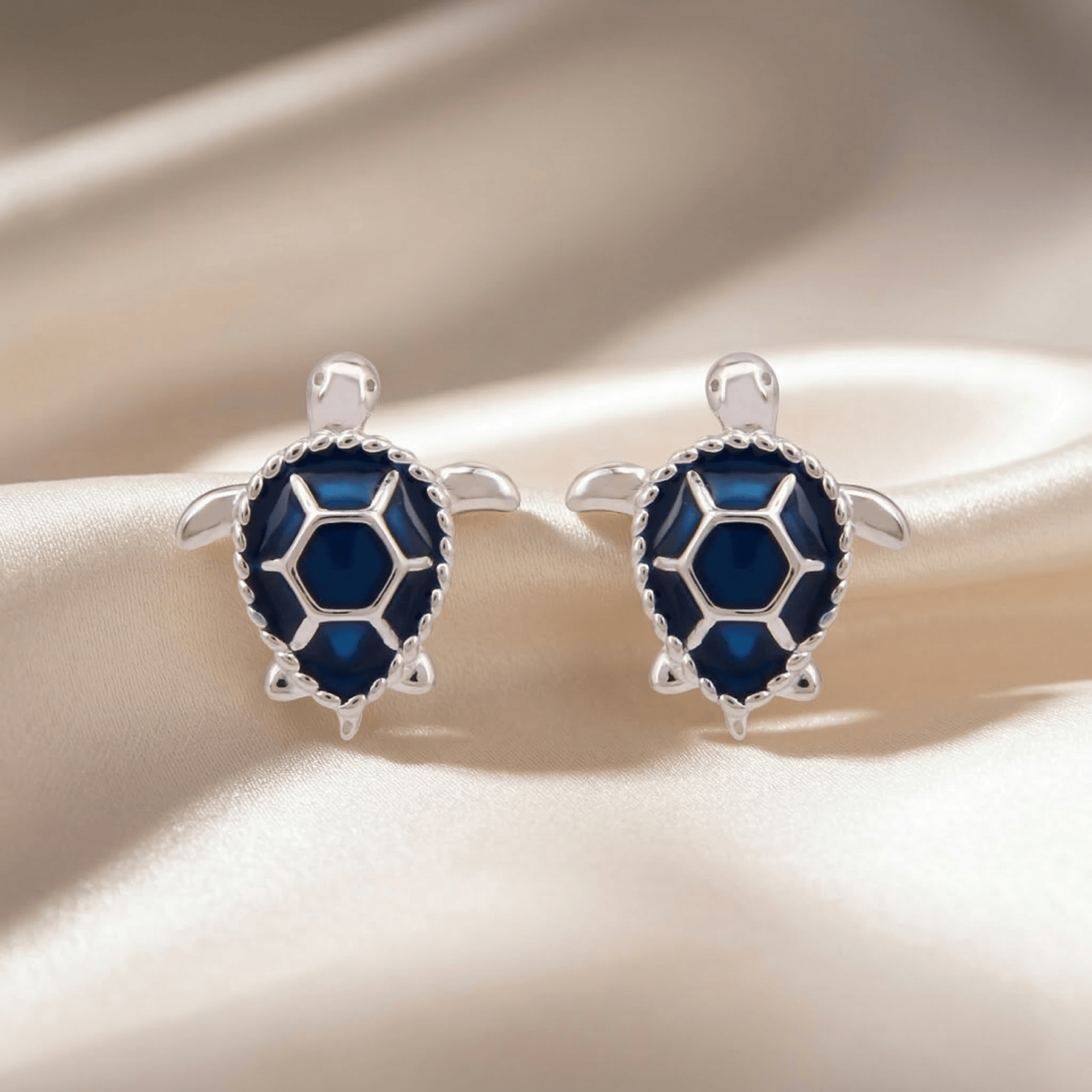 Mataari Earrings Sterling Silver Sea Turtle Enamel Blue Sapphire Stud Earrings