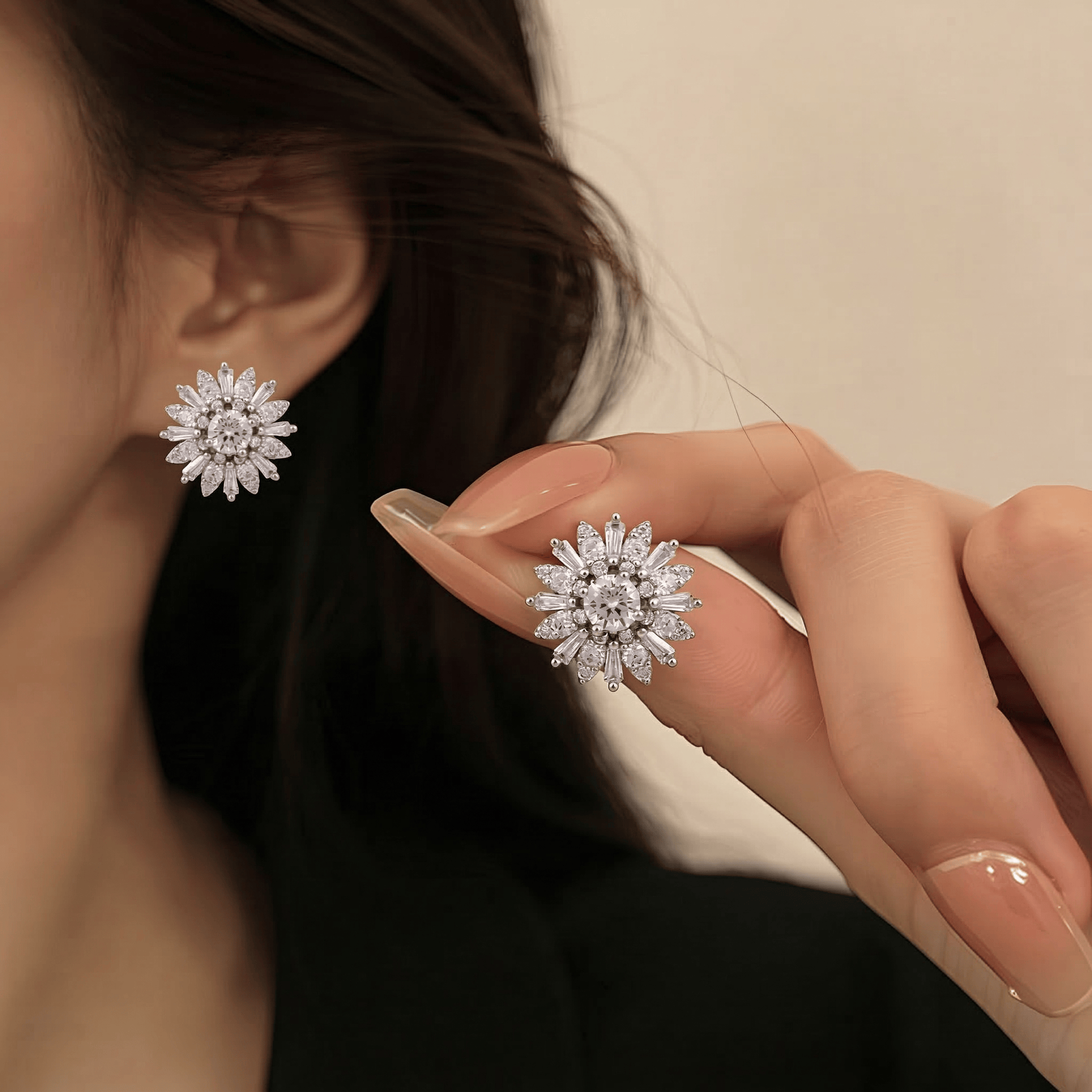 Mataari Earrings Sterling Silver Sun Flower Cubic Zirconia Stud Earrings
