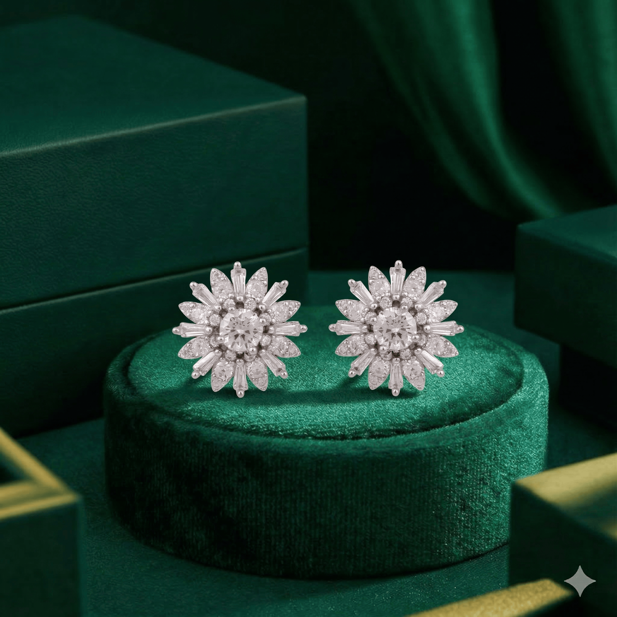 Mataari Earrings Sterling Silver Sun Flower Cubic Zirconia Stud Earrings