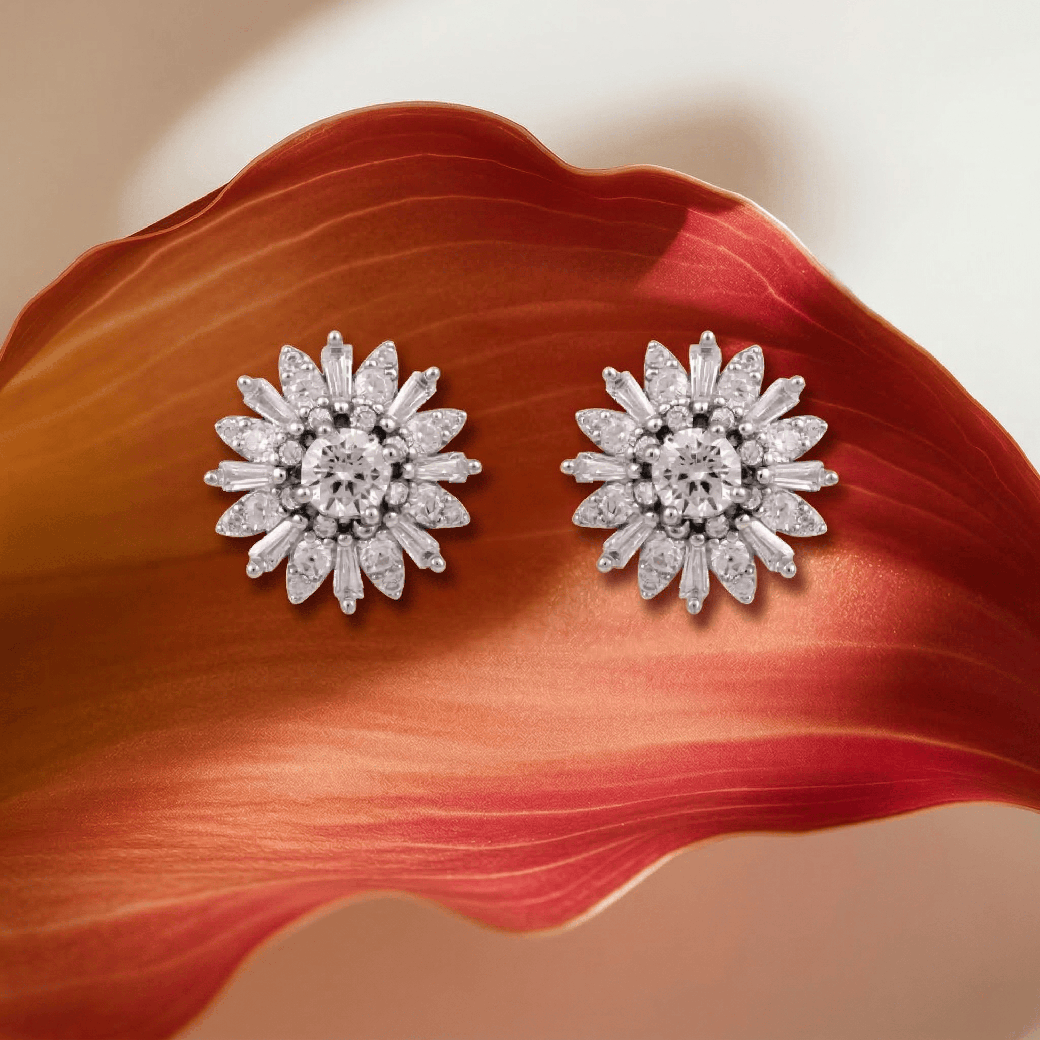 Mataari Earrings Sterling Silver Sun Flower Cubic Zirconia Stud Earrings