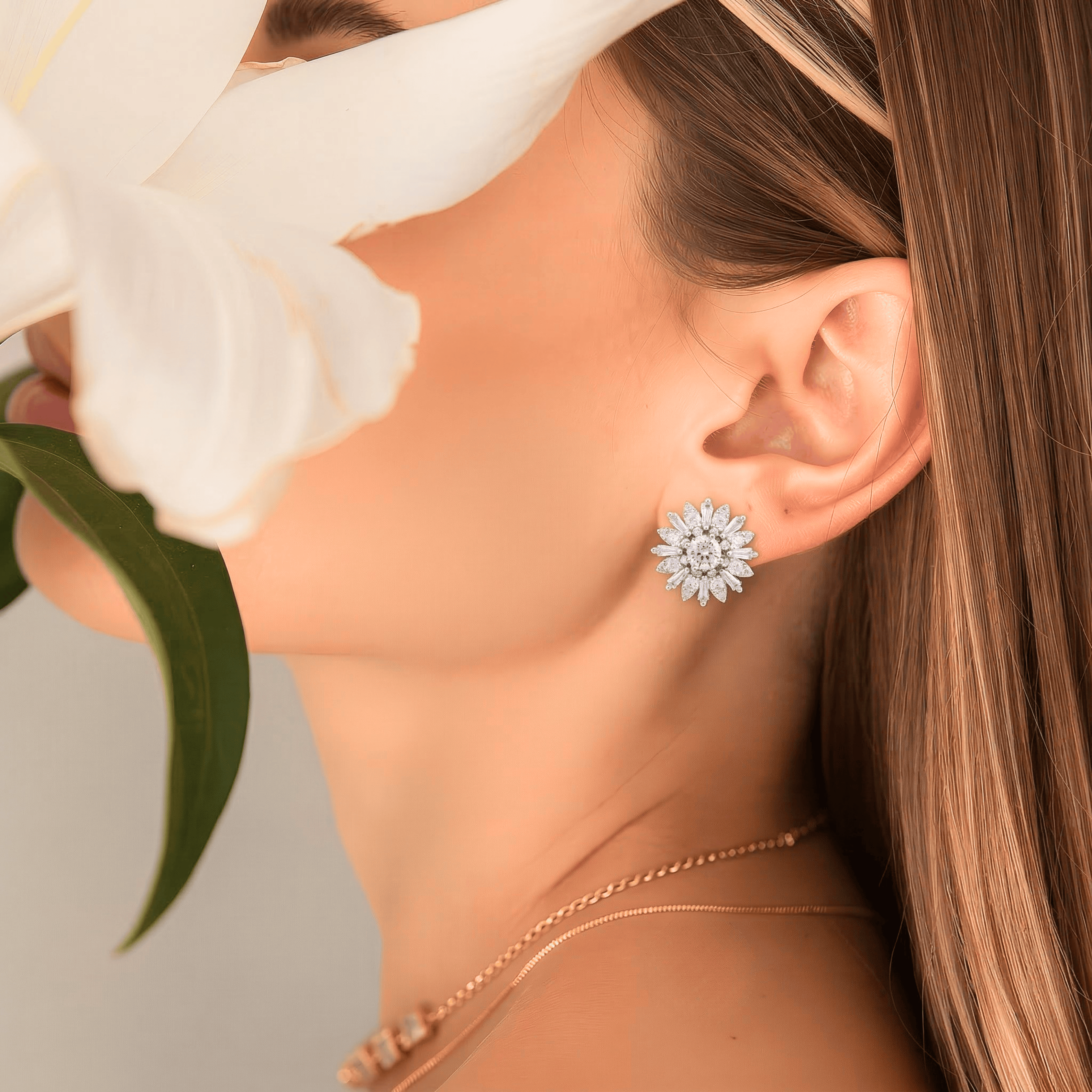 Mataari Earrings Sterling Silver Sun Flower Cubic Zirconia Stud Earrings
