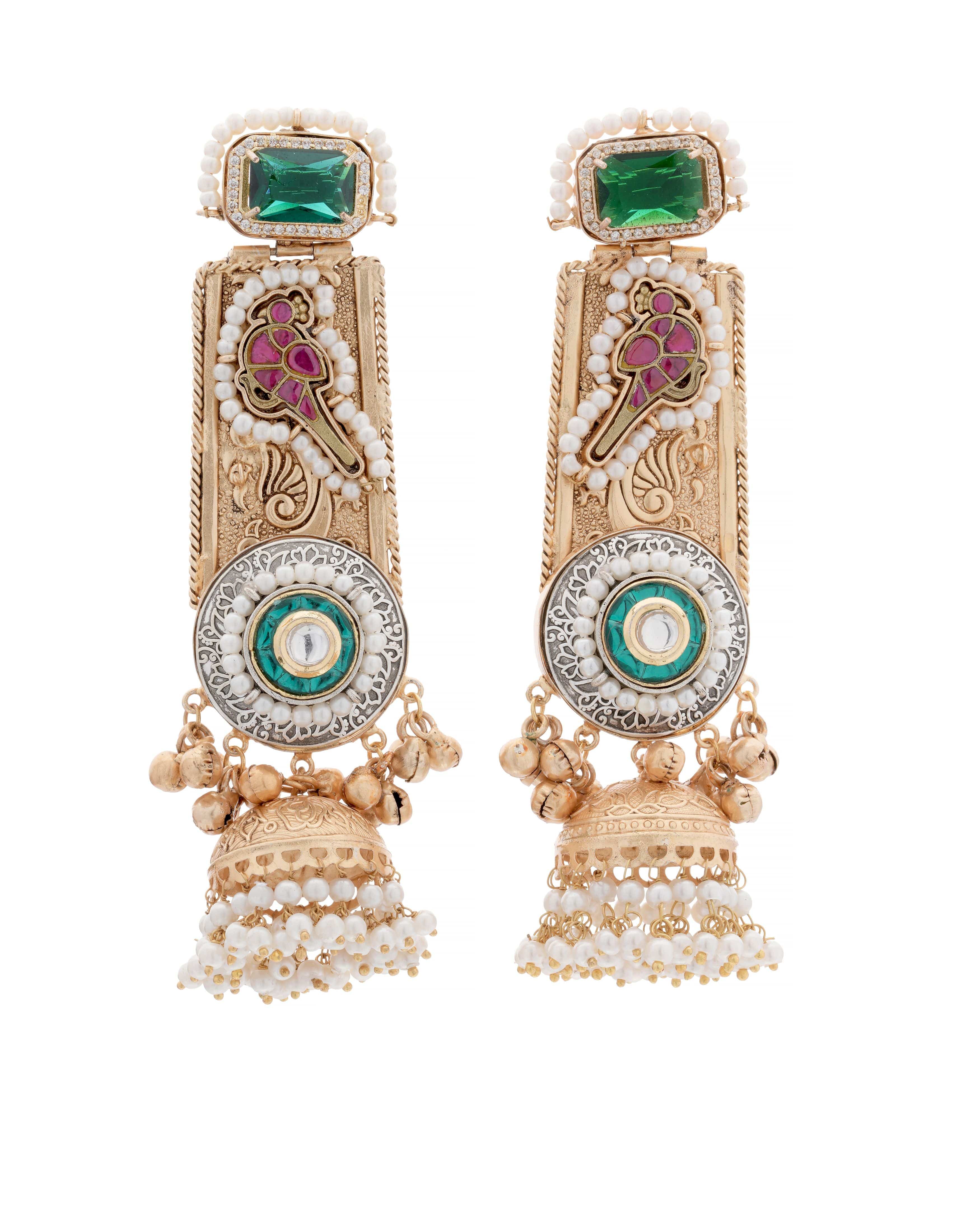 Mataari Earrings ,Tops Handmade Dual-Tone Temple Ear Tops with Chain – Green & Red Stone Embellishment