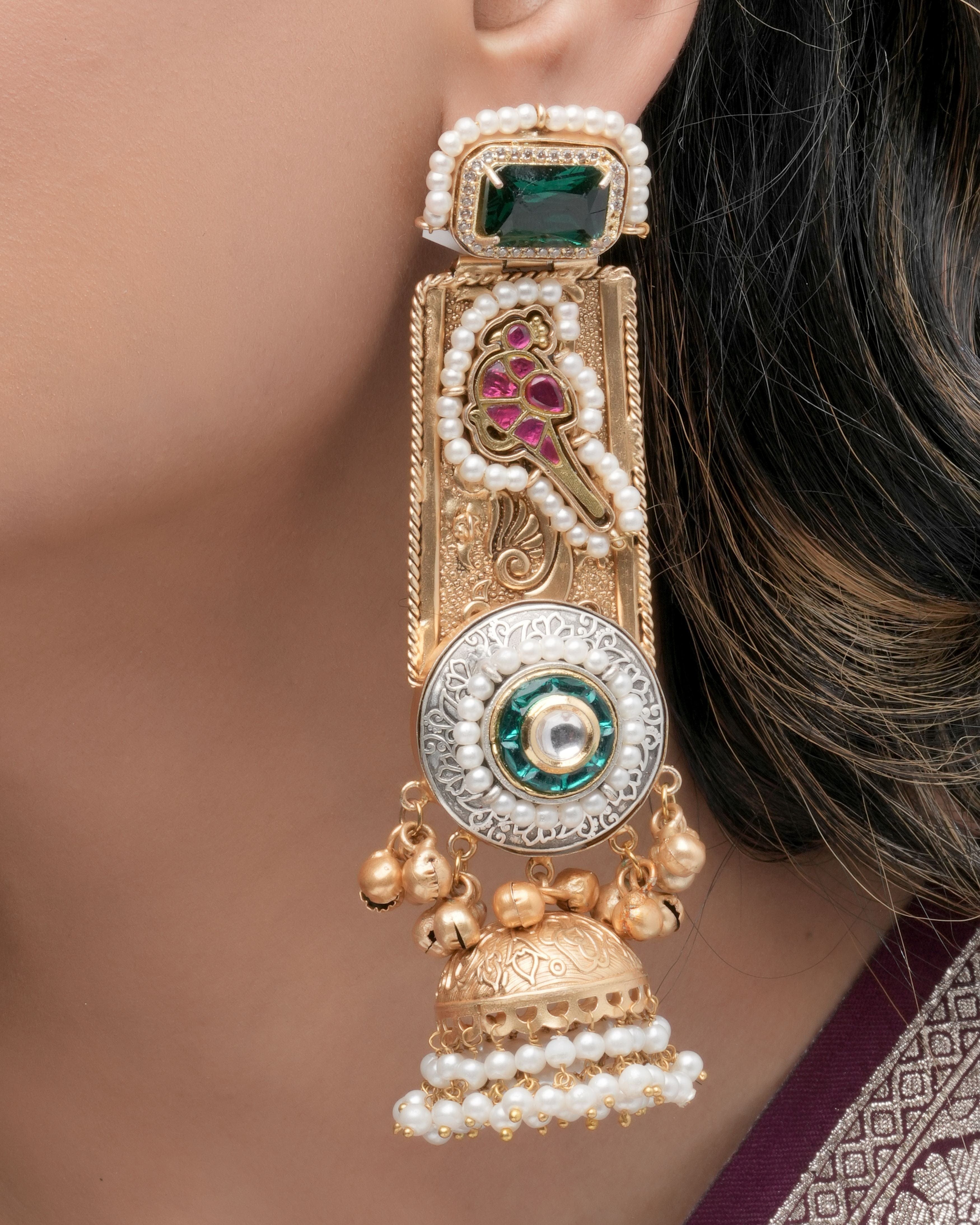 Mataari Earrings ,Tops Handmade Dual-Tone Temple Ear Tops with Chain – Green & Red Stone Embellishment