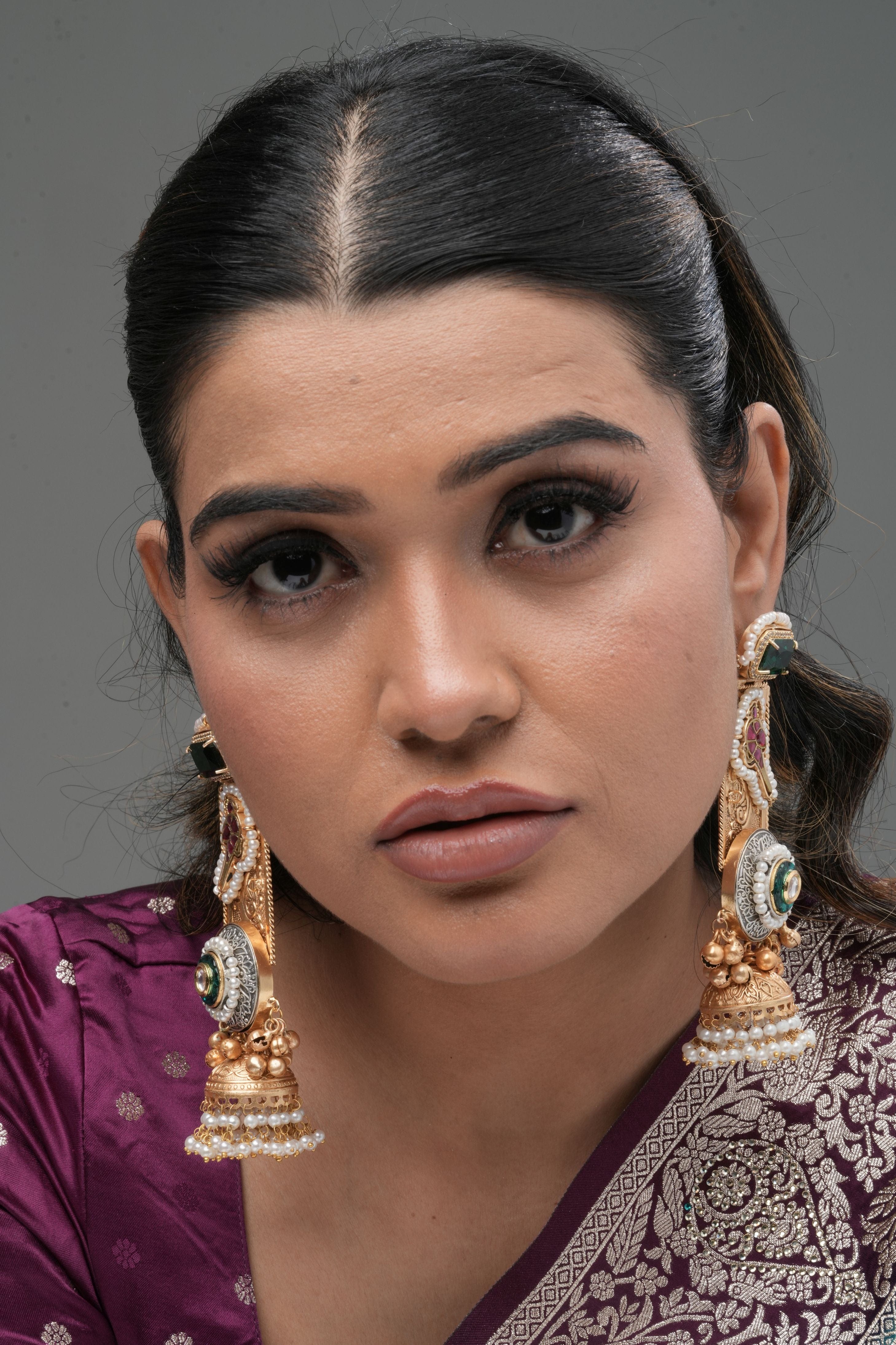 Mataari Earrings ,Tops Handmade Dual-Tone Temple Ear Tops with Chain – Green & Red Stone Embellishment