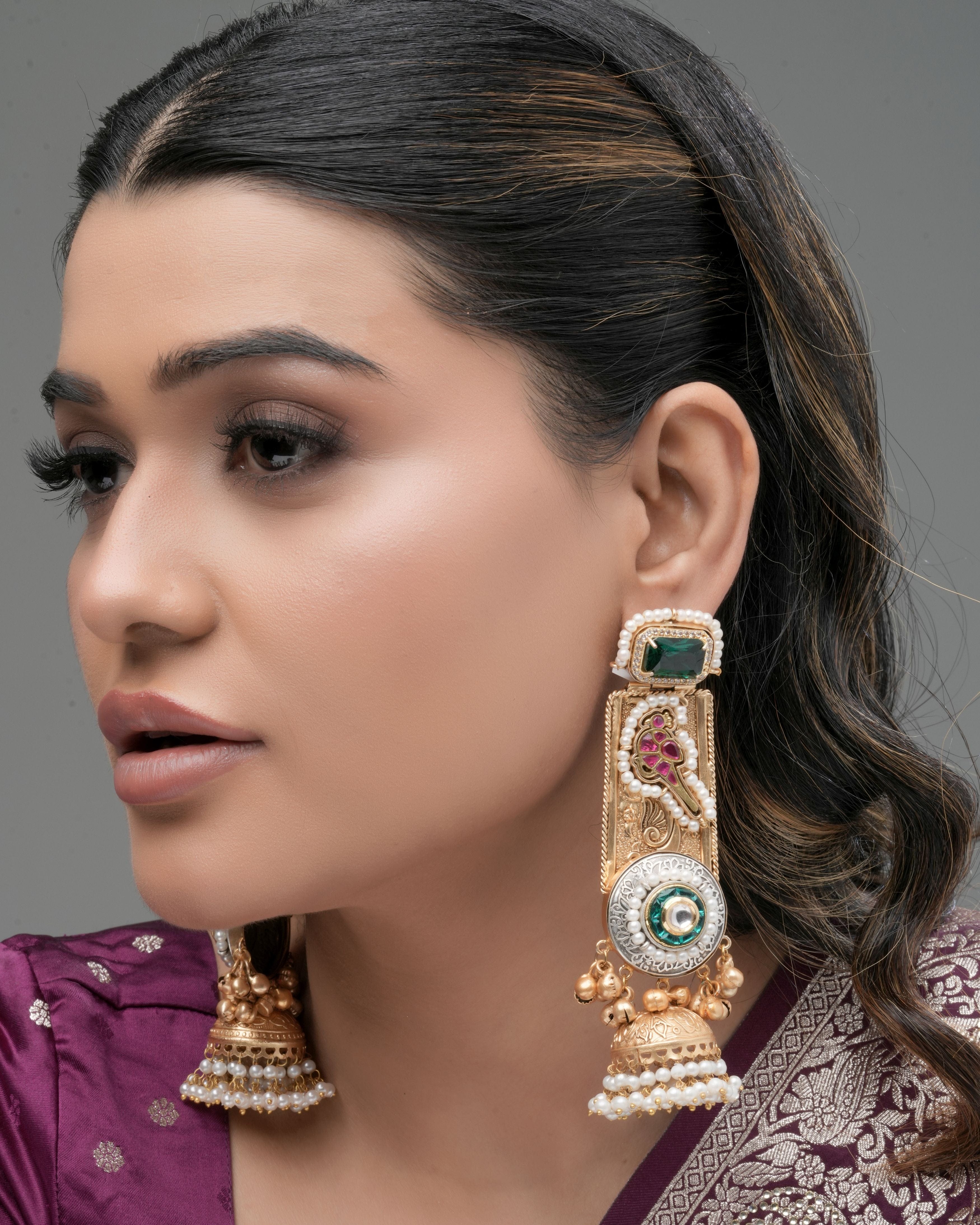 Mataari Earrings ,Tops Handmade Dual-Tone Temple Ear Tops with Chain – Green & Red Stone Embellishment