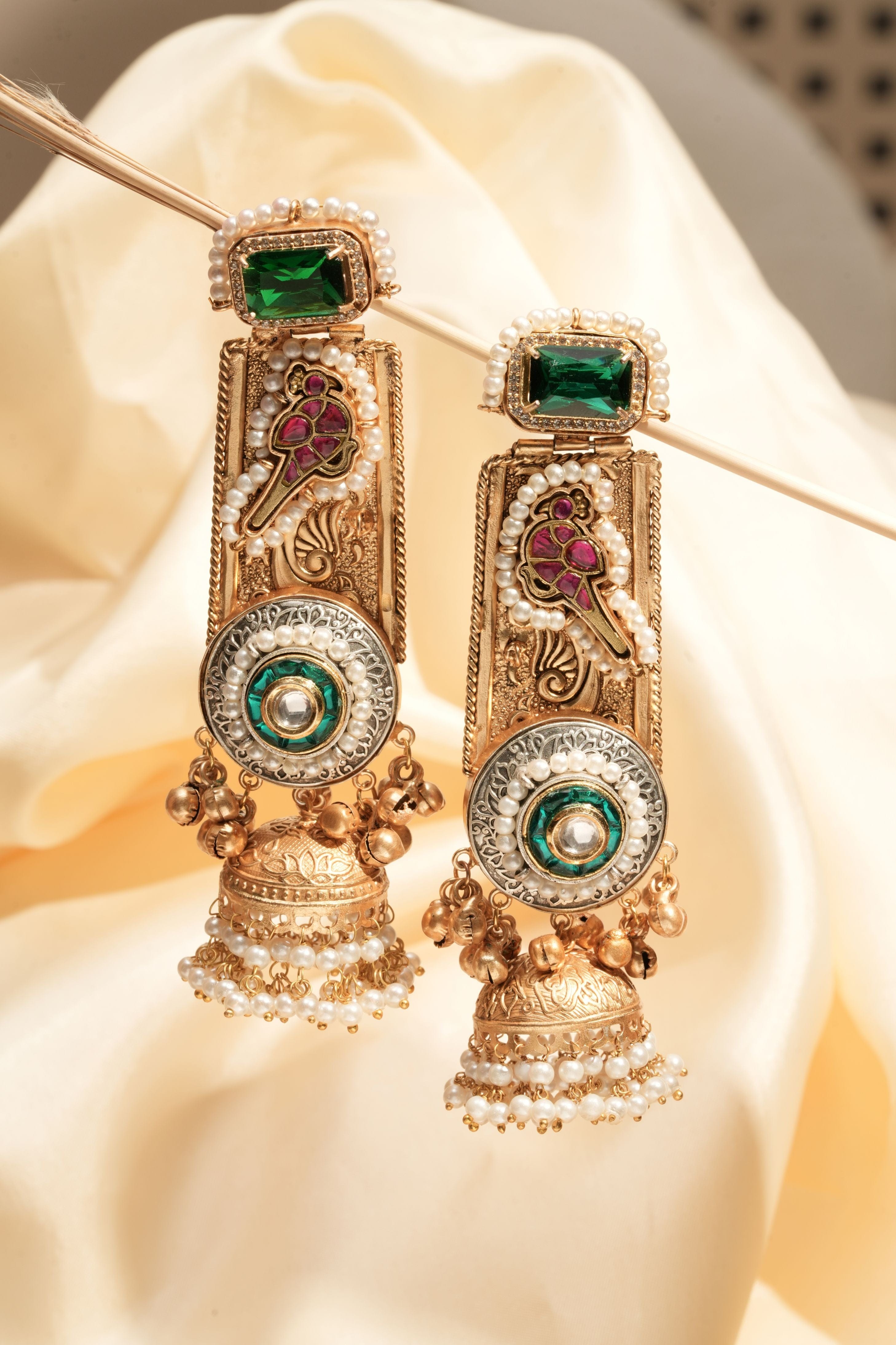 Mataari Earrings ,Tops Handmade Dual-Tone Temple Ear Tops with Chain – Green & Red Stone Embellishment