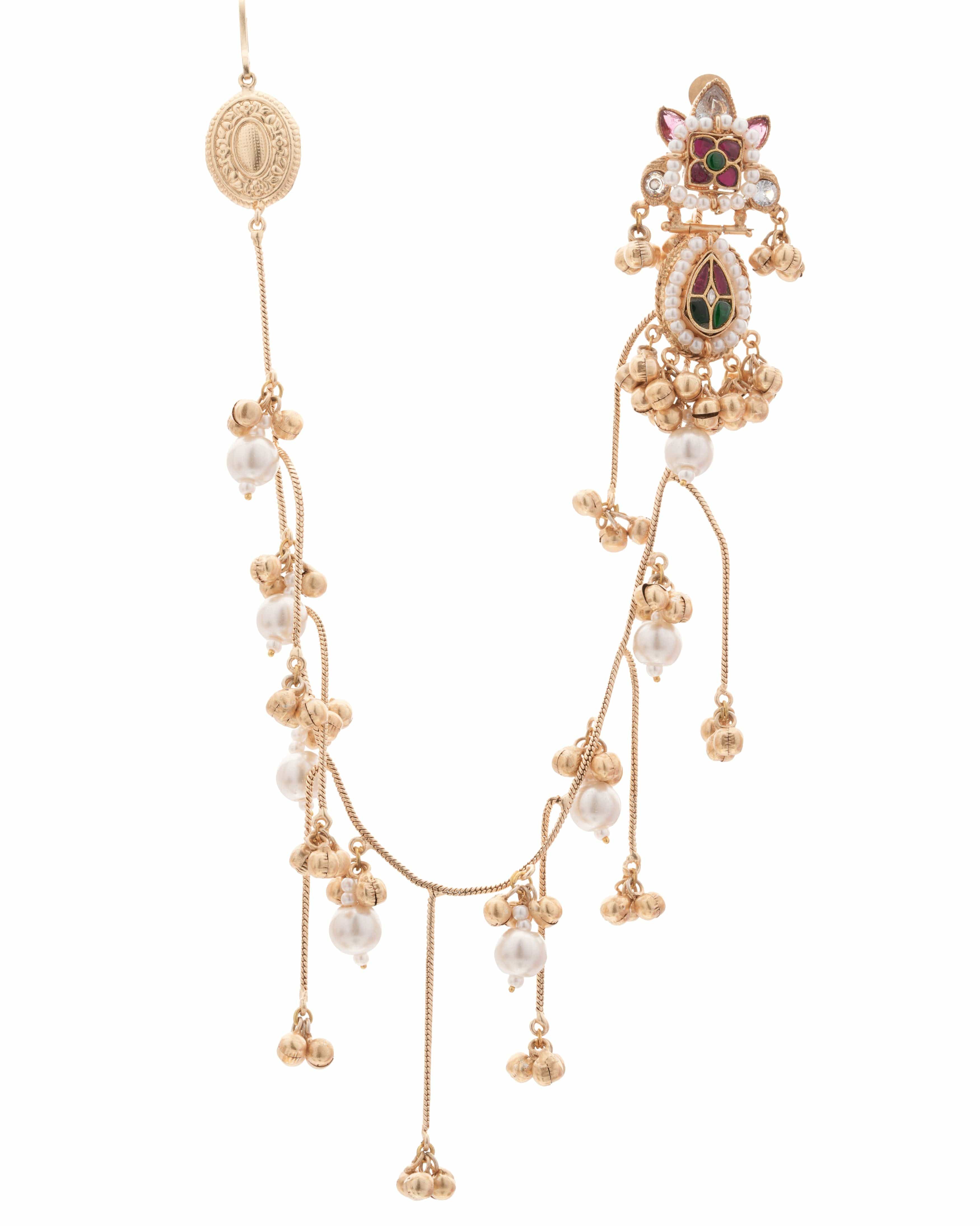 Mataari Earrings ,Tops Handmade Gold-Plated Temple Ear Tops with Chain – Multicolor Stone & Pearl Detailing