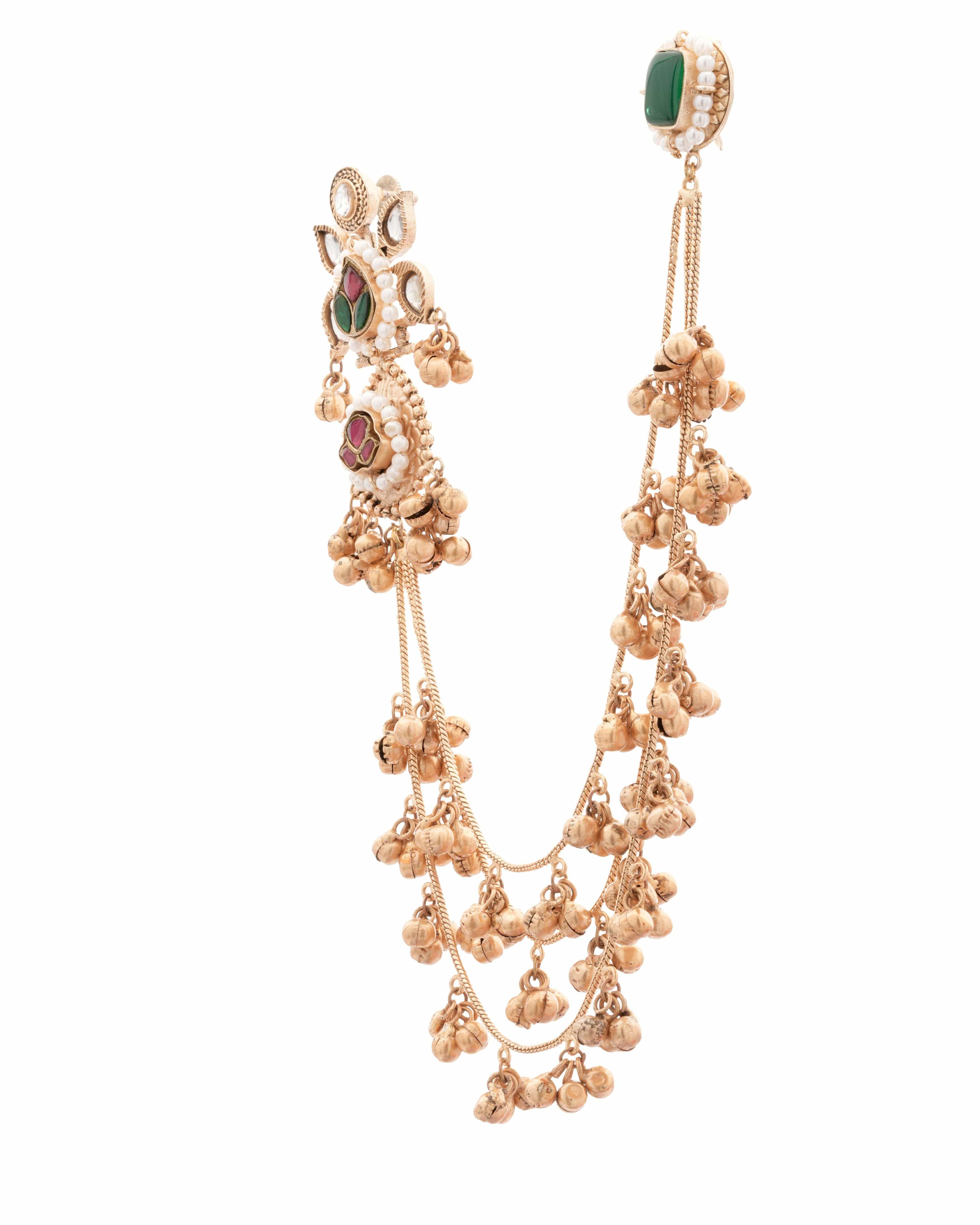 Mataari Earrings ,Tops Handmade Gold-Plated Temple Ear Tops with Chain – Red & Green Stone Floral Design