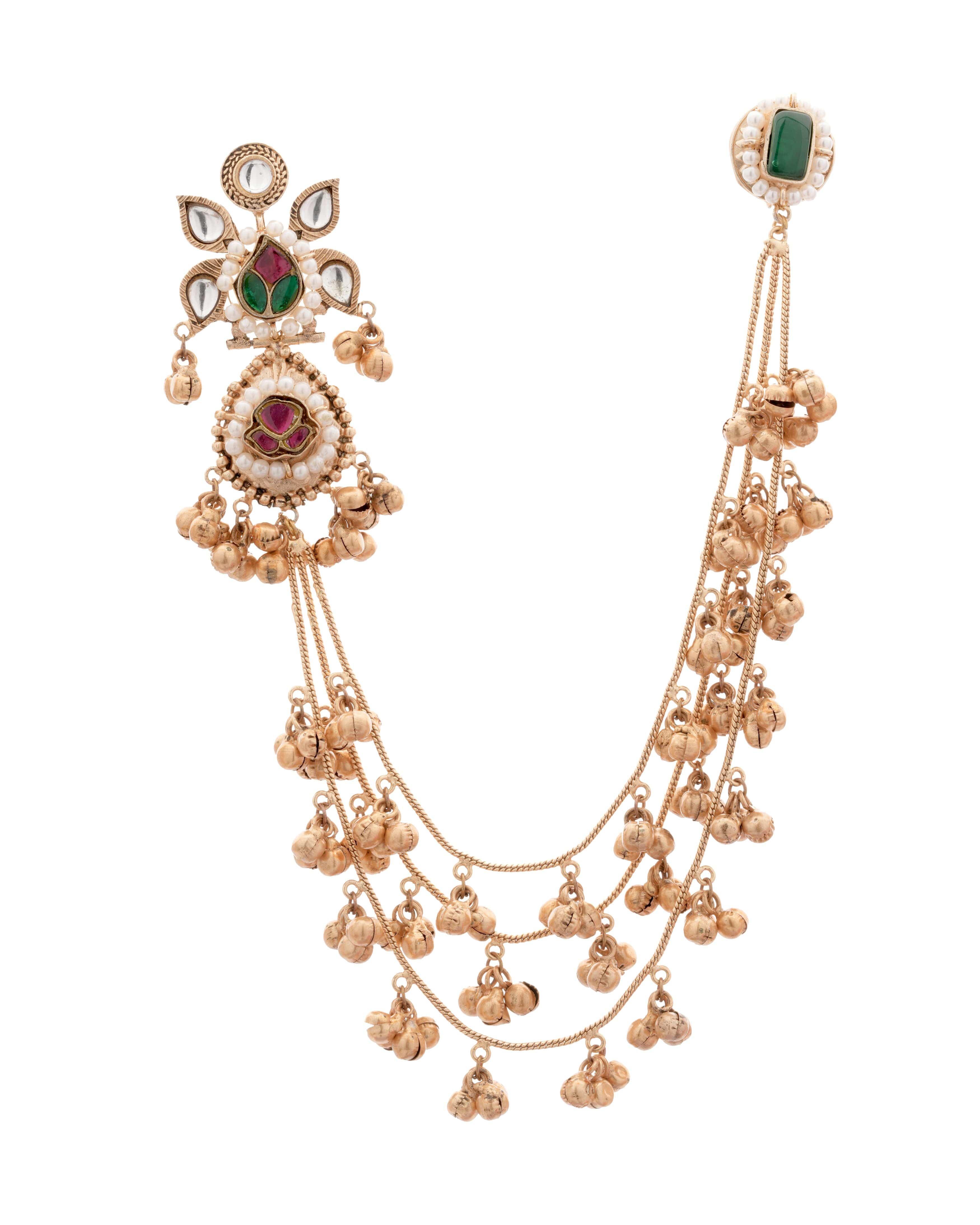 Mataari Earrings ,Tops Handmade Gold-Plated Temple Ear Tops with Chain – Red & Green Stone Floral Design