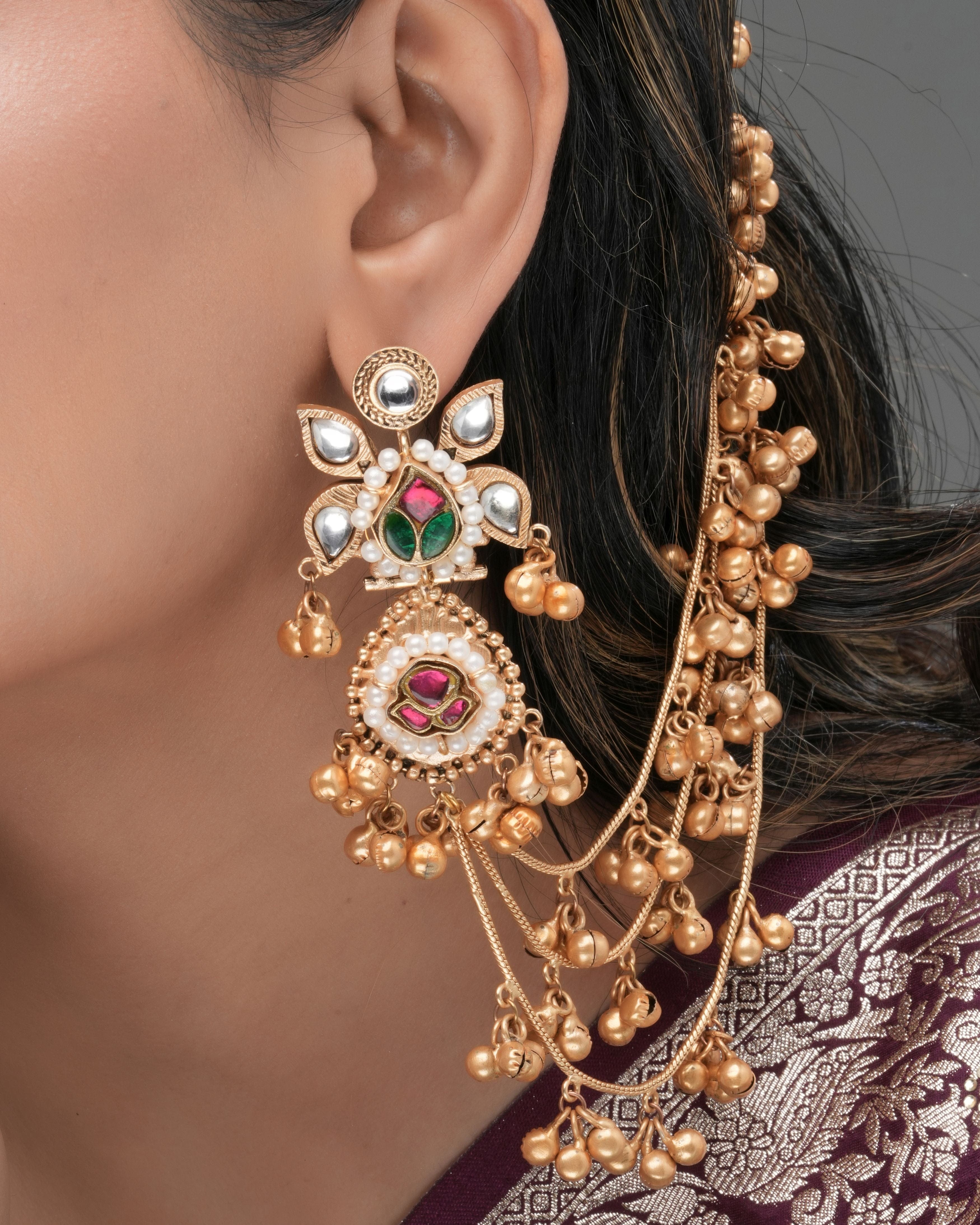 Mataari Earrings ,Tops Handmade Gold-Plated Temple Ear Tops with Chain – Red & Green Stone Floral Design