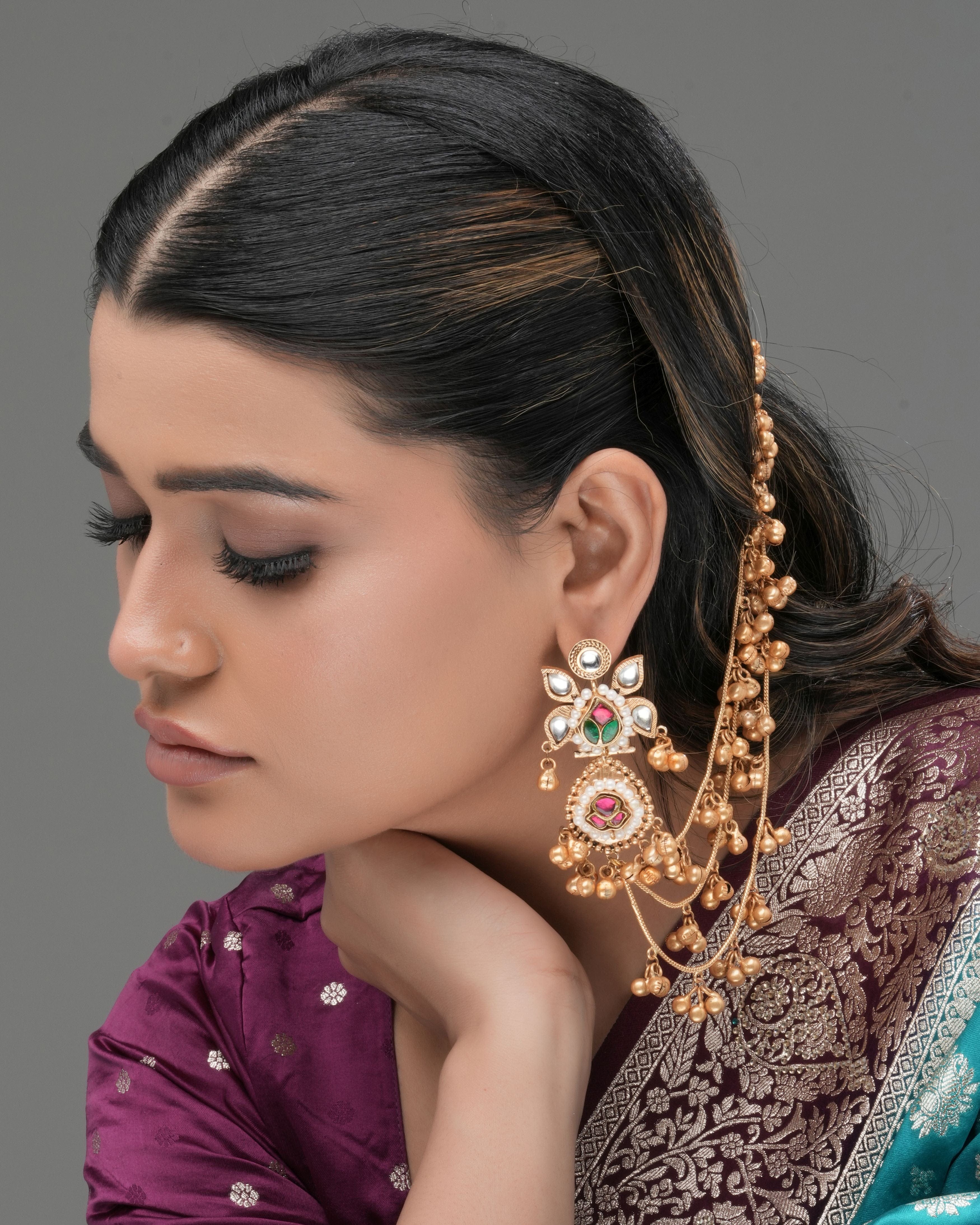 Mataari Earrings ,Tops Handmade Gold-Plated Temple Ear Tops with Chain – Red & Green Stone Floral Design