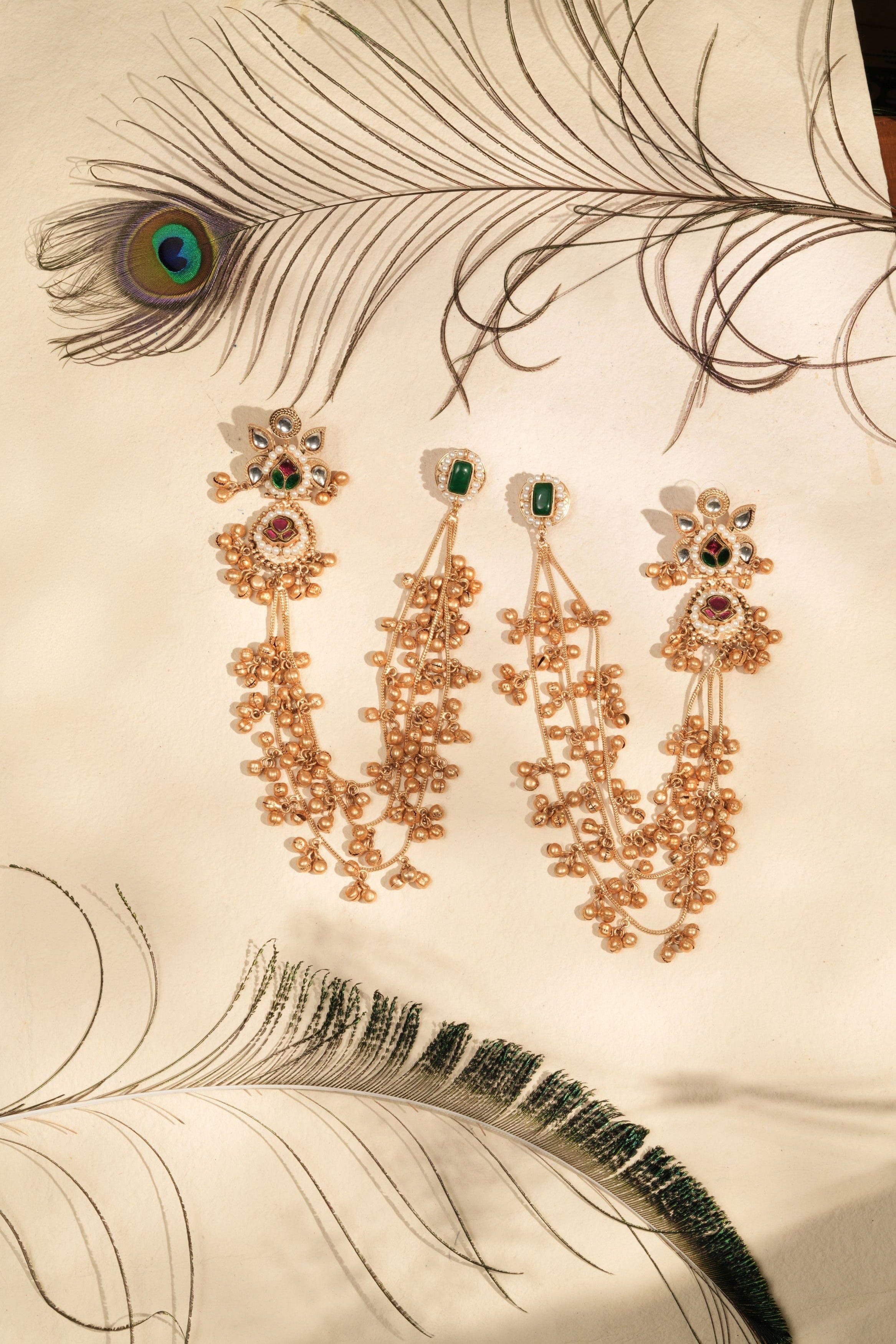 Mataari Earrings ,Tops Handmade Gold-Plated Temple Ear Tops with Chain – Red & Green Stone Floral Design