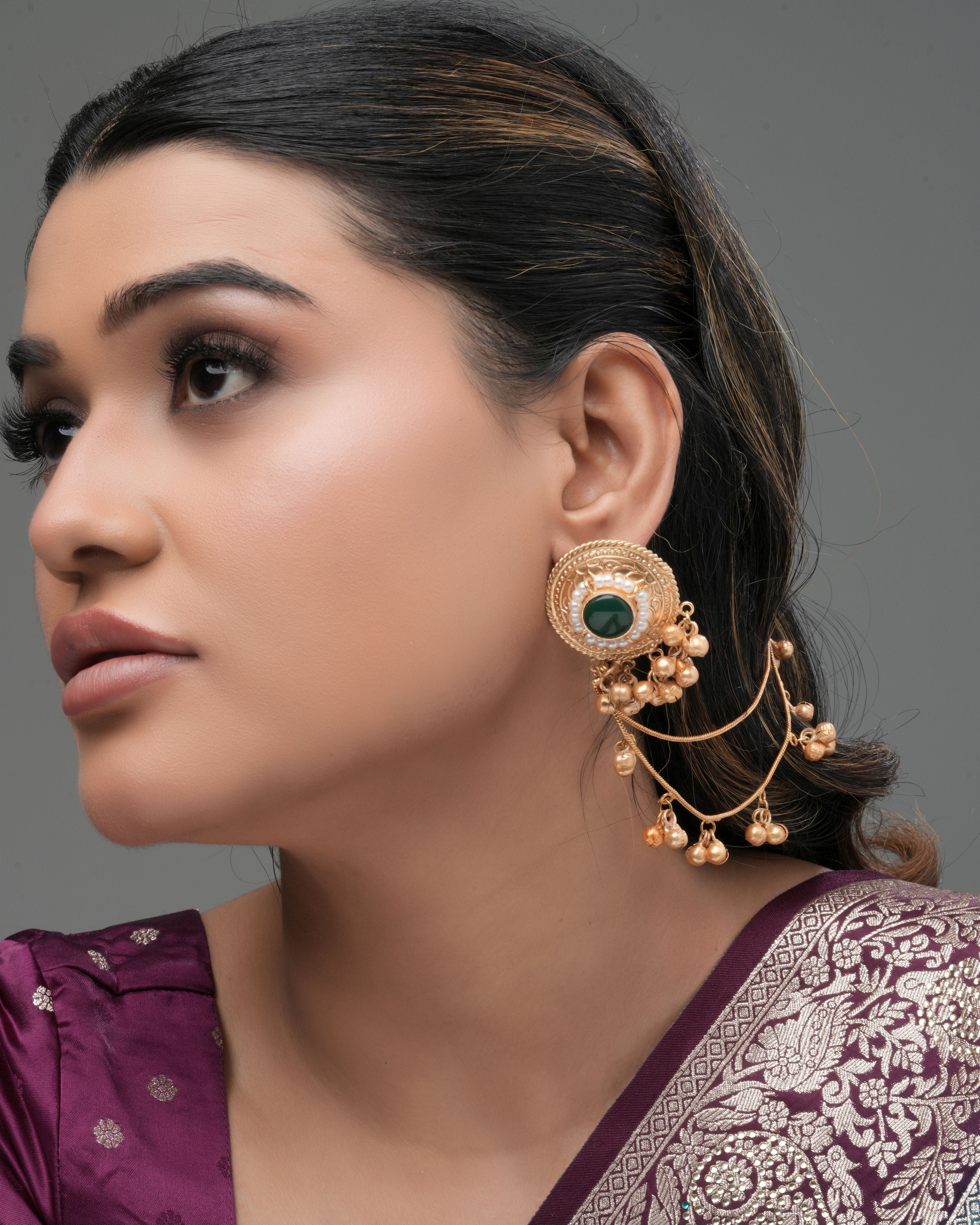 Mataari Earrings ,Tops Handmade Gold-Plated Temple Ear Tops with separable Chain – Green Stone & Pearl Accent