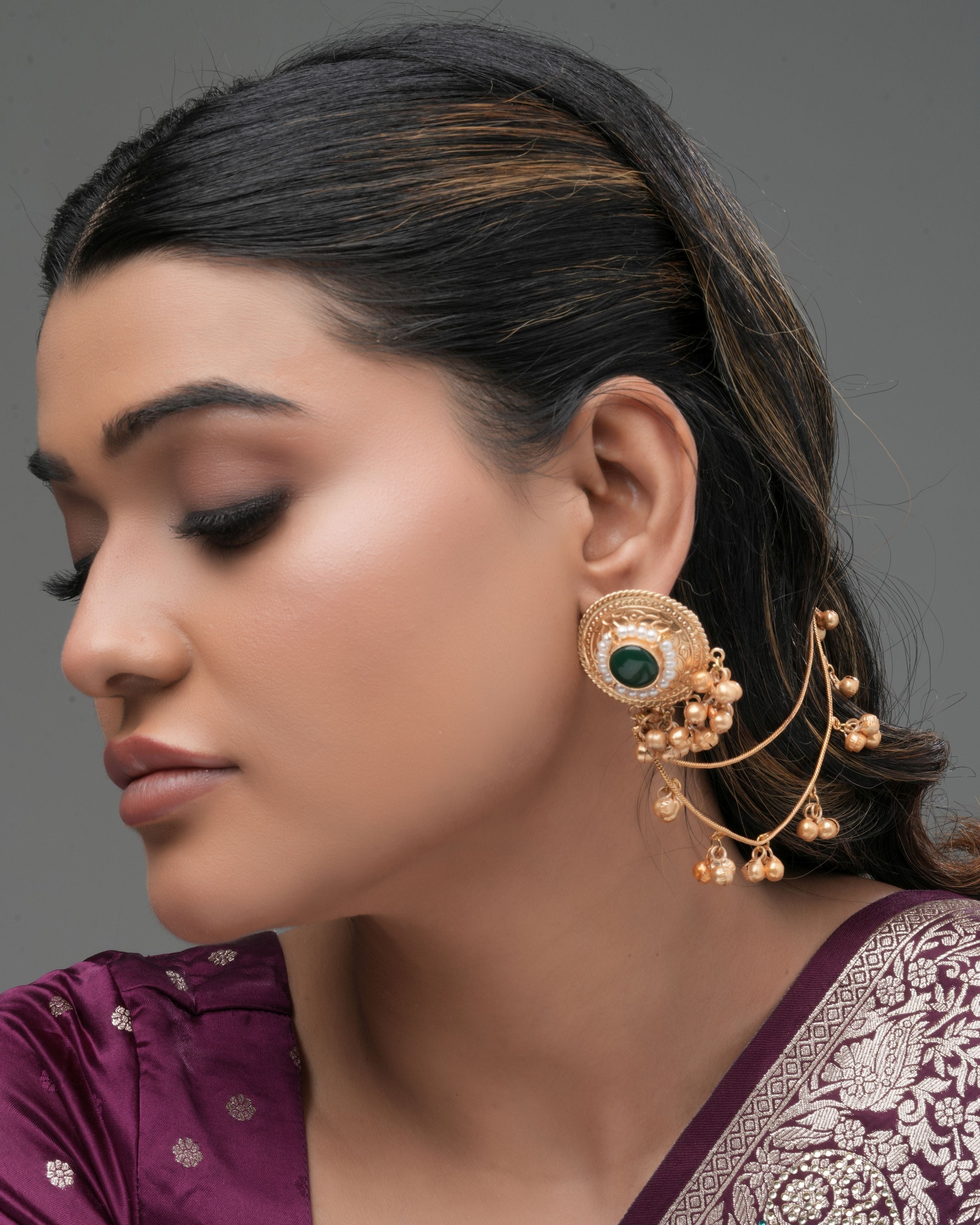 Mataari Earrings ,Tops Handmade Gold-Plated Temple Ear Tops with separable Chain – Green Stone & Pearl Accent