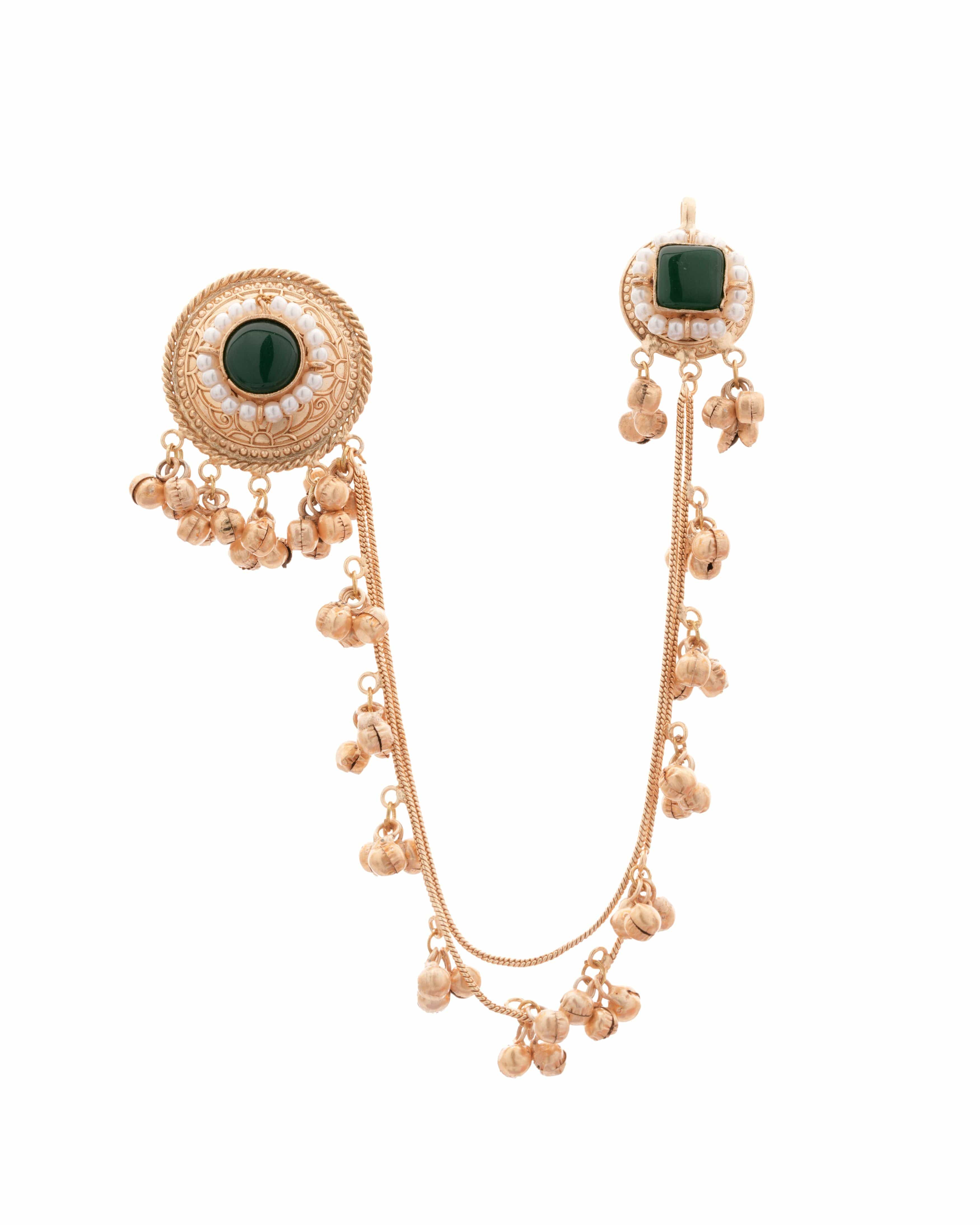 Mataari Earrings ,Tops Handmade Gold-Plated Temple Ear Tops with separable Chain – Green Stone & Pearl Accent