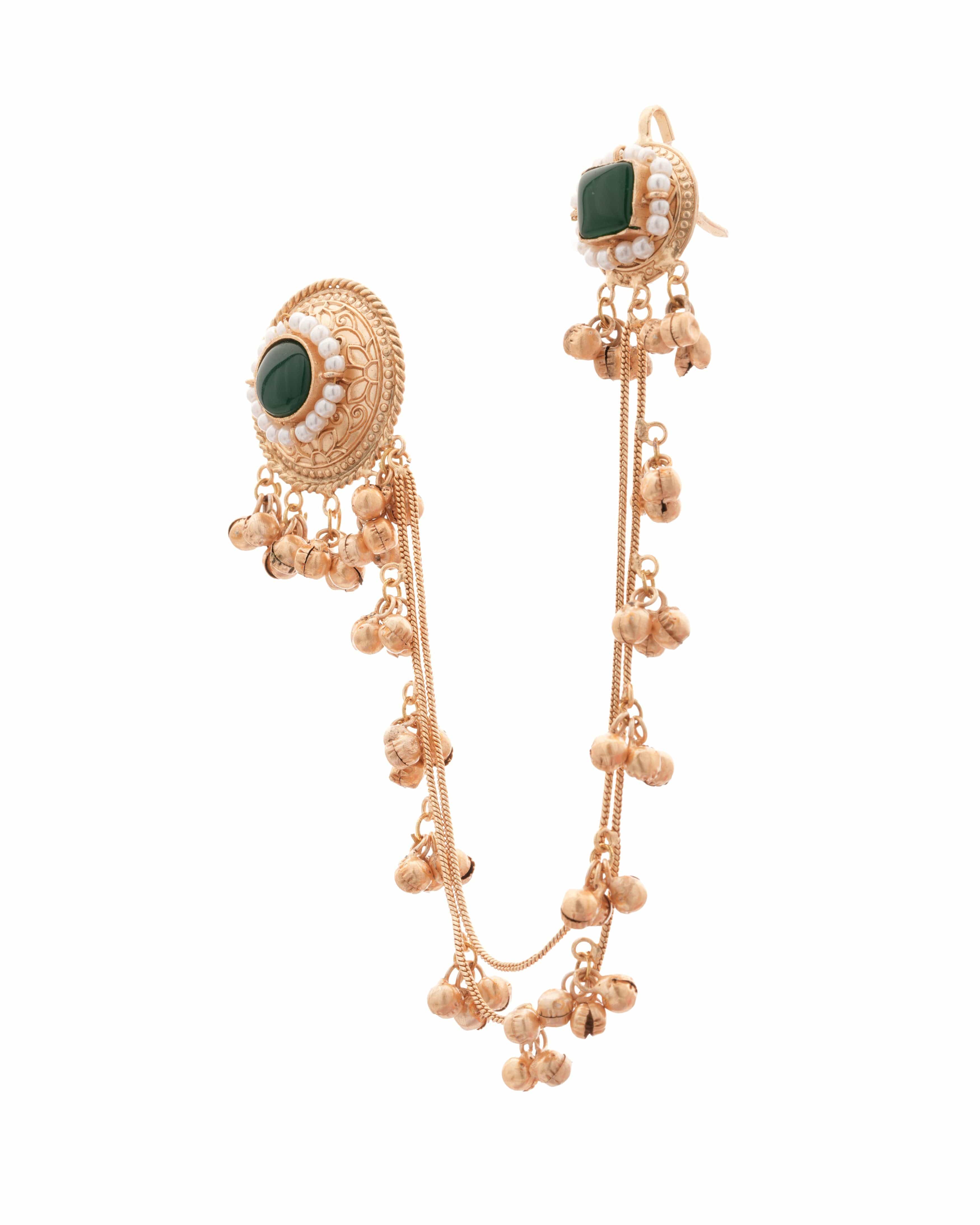 Mataari Earrings ,Tops Handmade Gold-Plated Temple Ear Tops with separable Chain – Green Stone & Pearl Accent