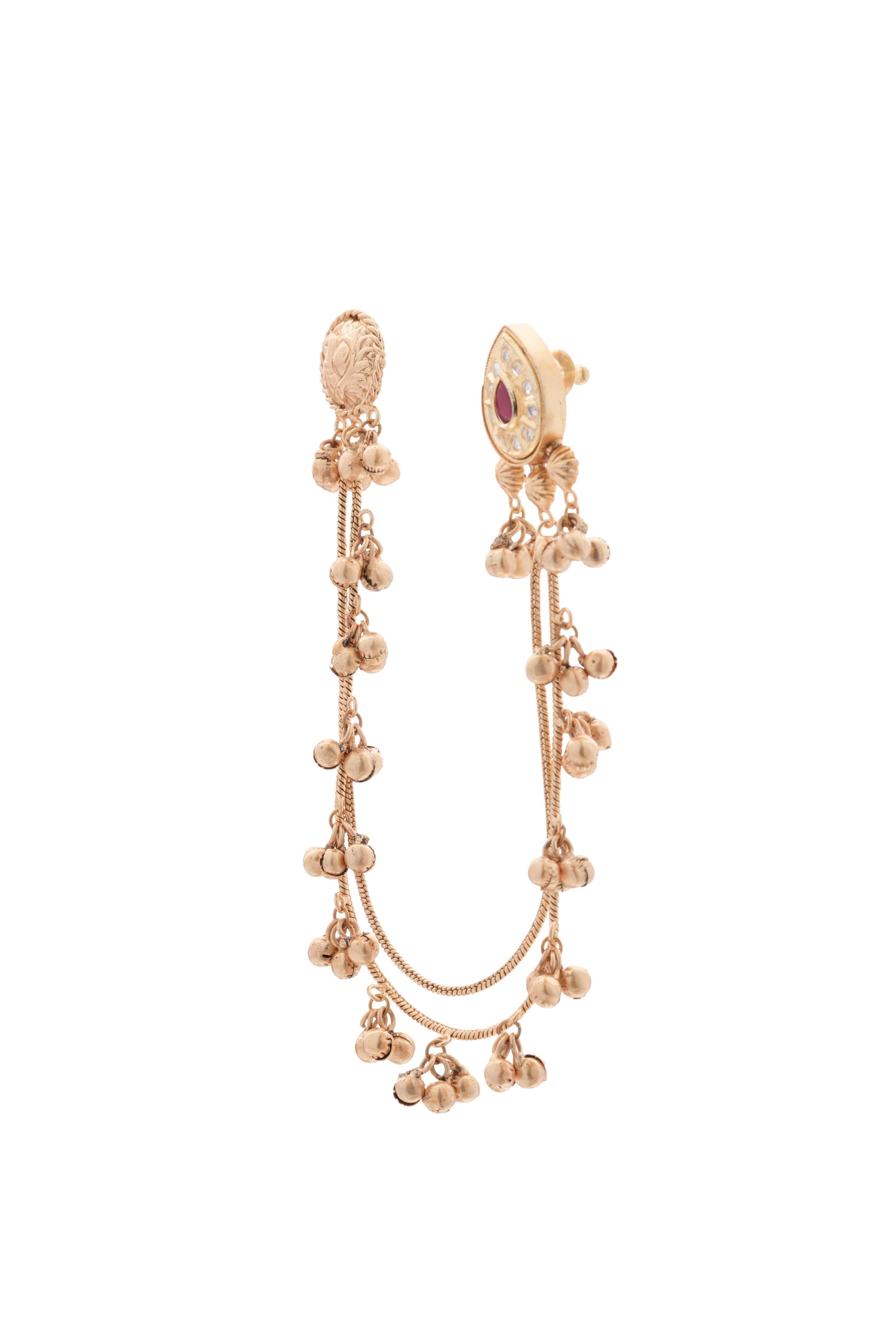 Mataari Earrings ,Tops Unique handmade Gold-Plated Temple Ear Tops with Double Layer Bead Chain – Red Stone Accent