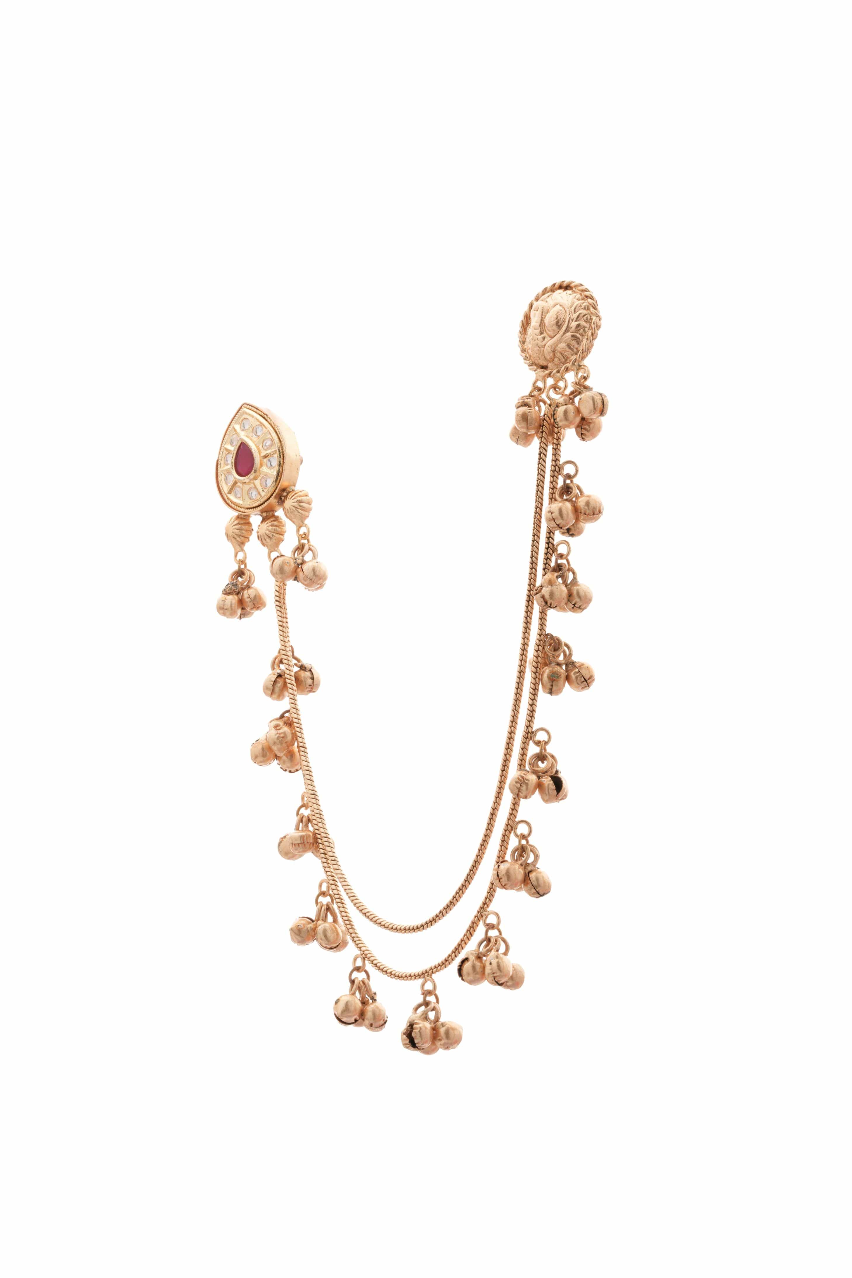 Mataari Earrings ,Tops Unique handmade Gold-Plated Temple Ear Tops with Double Layer Bead Chain – Red Stone Accent