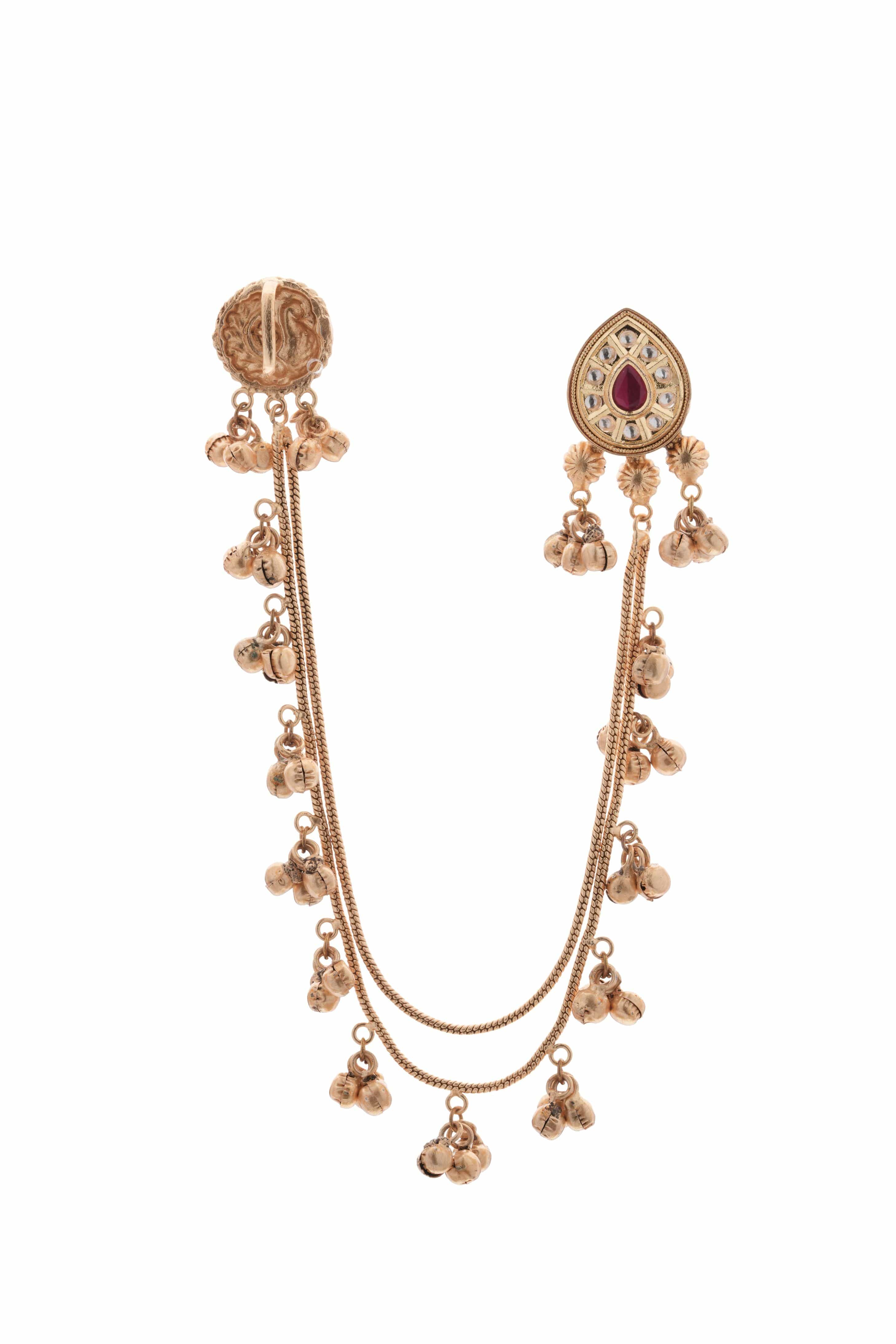 Mataari Earrings ,Tops Unique handmade Gold-Plated Temple Ear Tops with Double Layer Bead Chain – Red Stone Accent