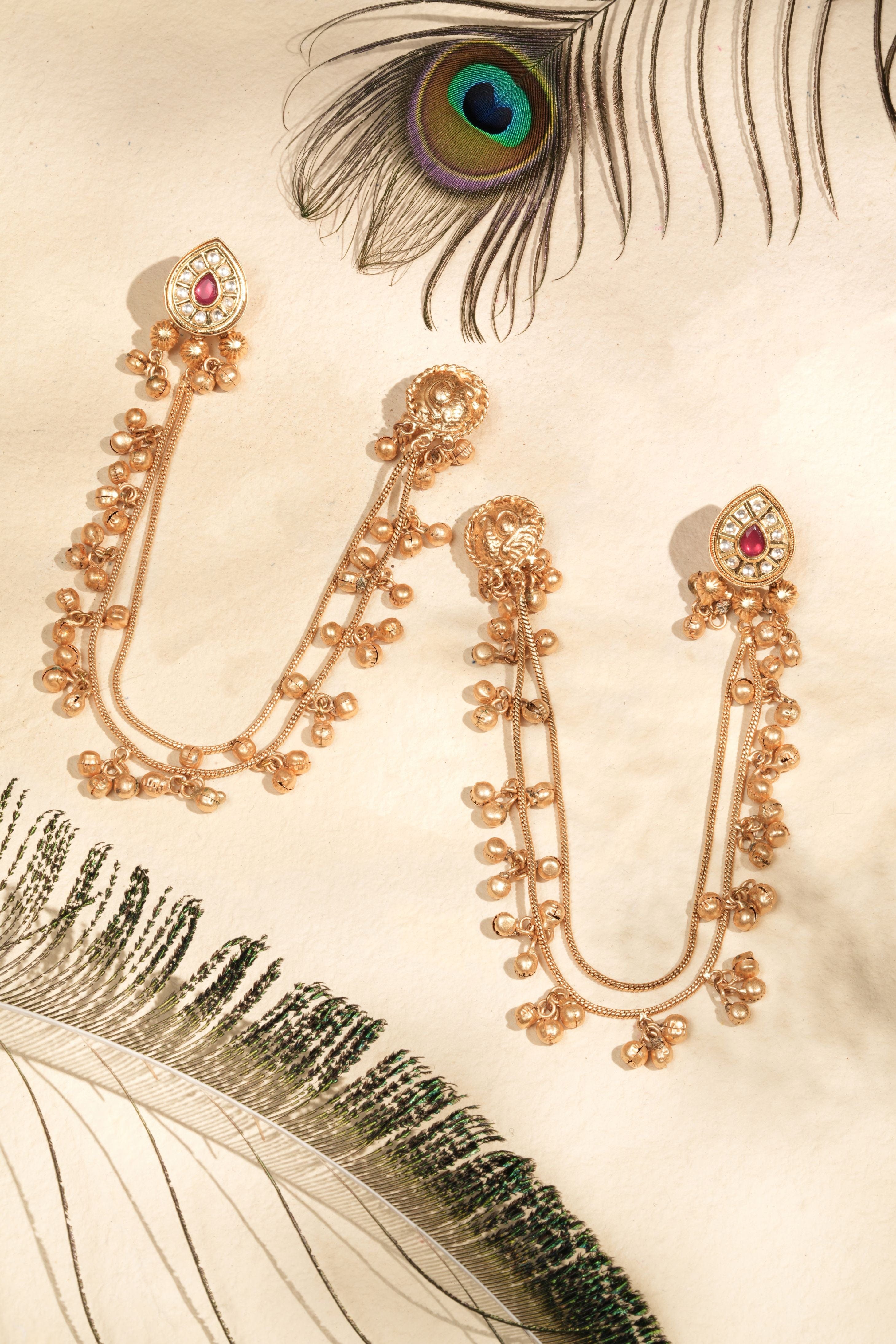 Mataari Earrings ,Tops Unique handmade Gold-Plated Temple Ear Tops with Double Layer Bead Chain – Red Stone Accent