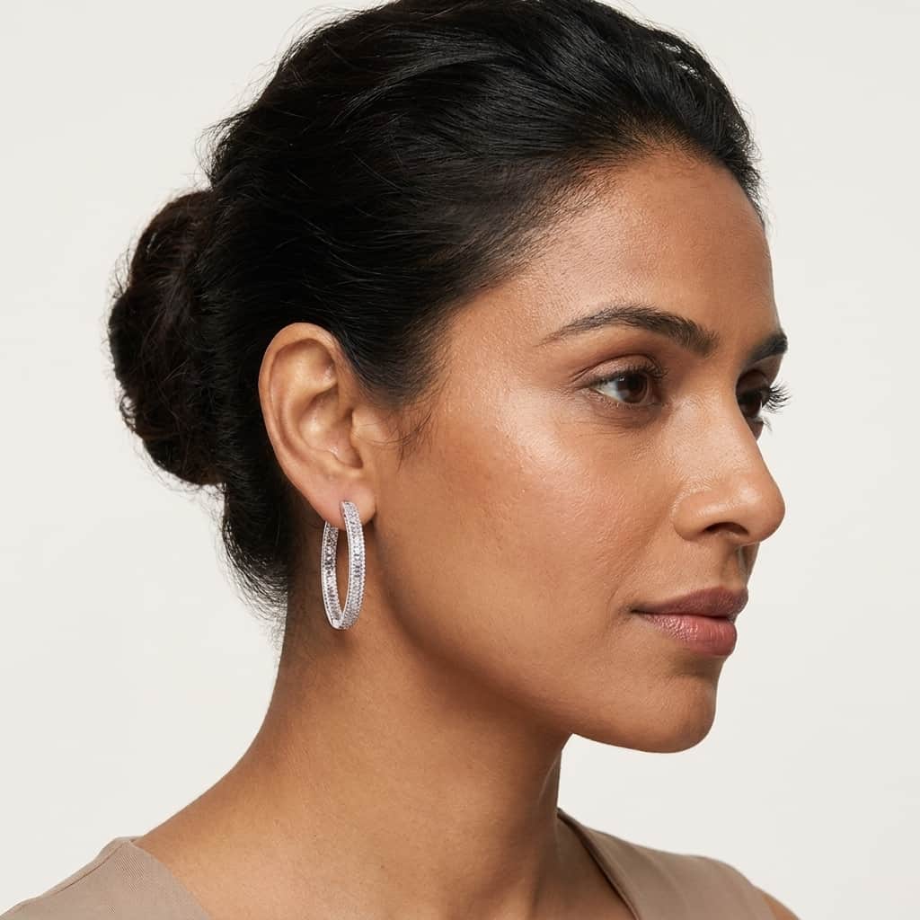 Mataari Earrings Gold & Silver Crystal Moissanite Round Hoop Bali Earrings with Ruby, Emerald & Blue Sapphire Accents