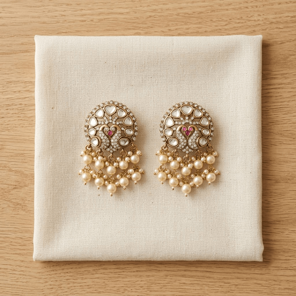 Mataari Earrings Peacock Kundan Antique Gold Polki Pearl Drop Emerald Stud Earrings