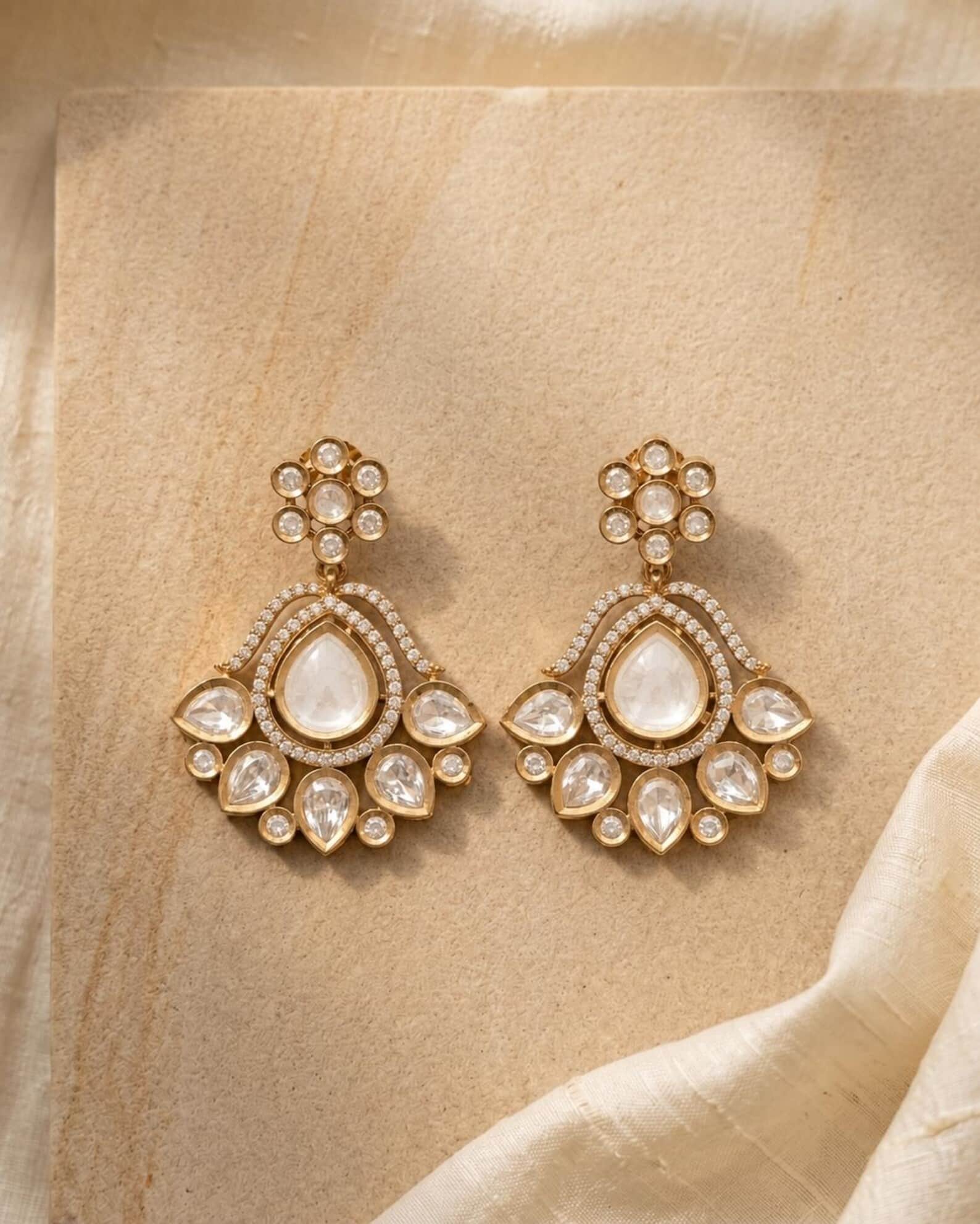 Mataari Earrings Polki Kundan Chandbali Wedding Earrings with Emerald and Moissanite | Mataari