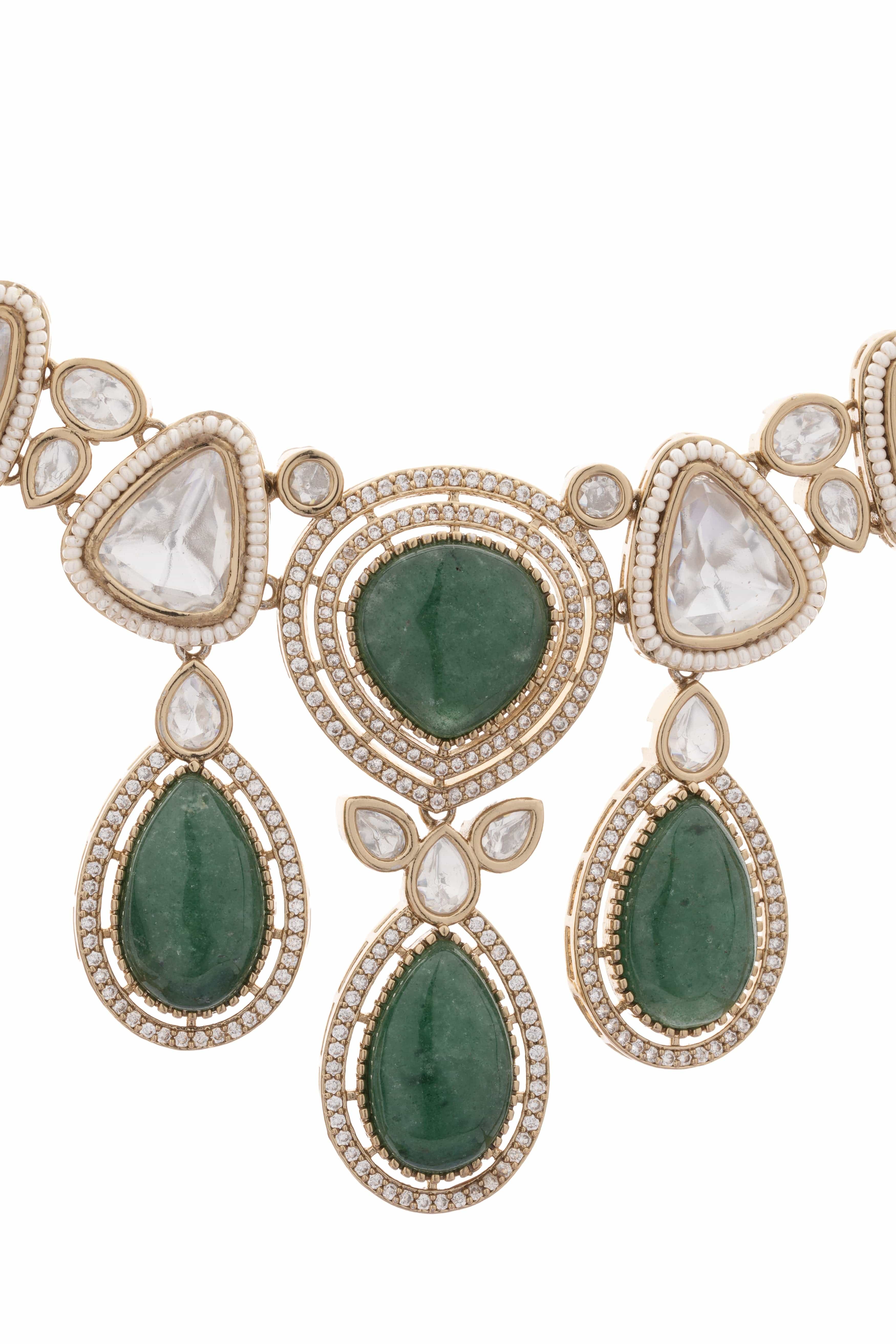 Mataari Elegant Jade‑Green Natural Stone  & Clear Triangle Uncut moissanite Necklace & Earring Set