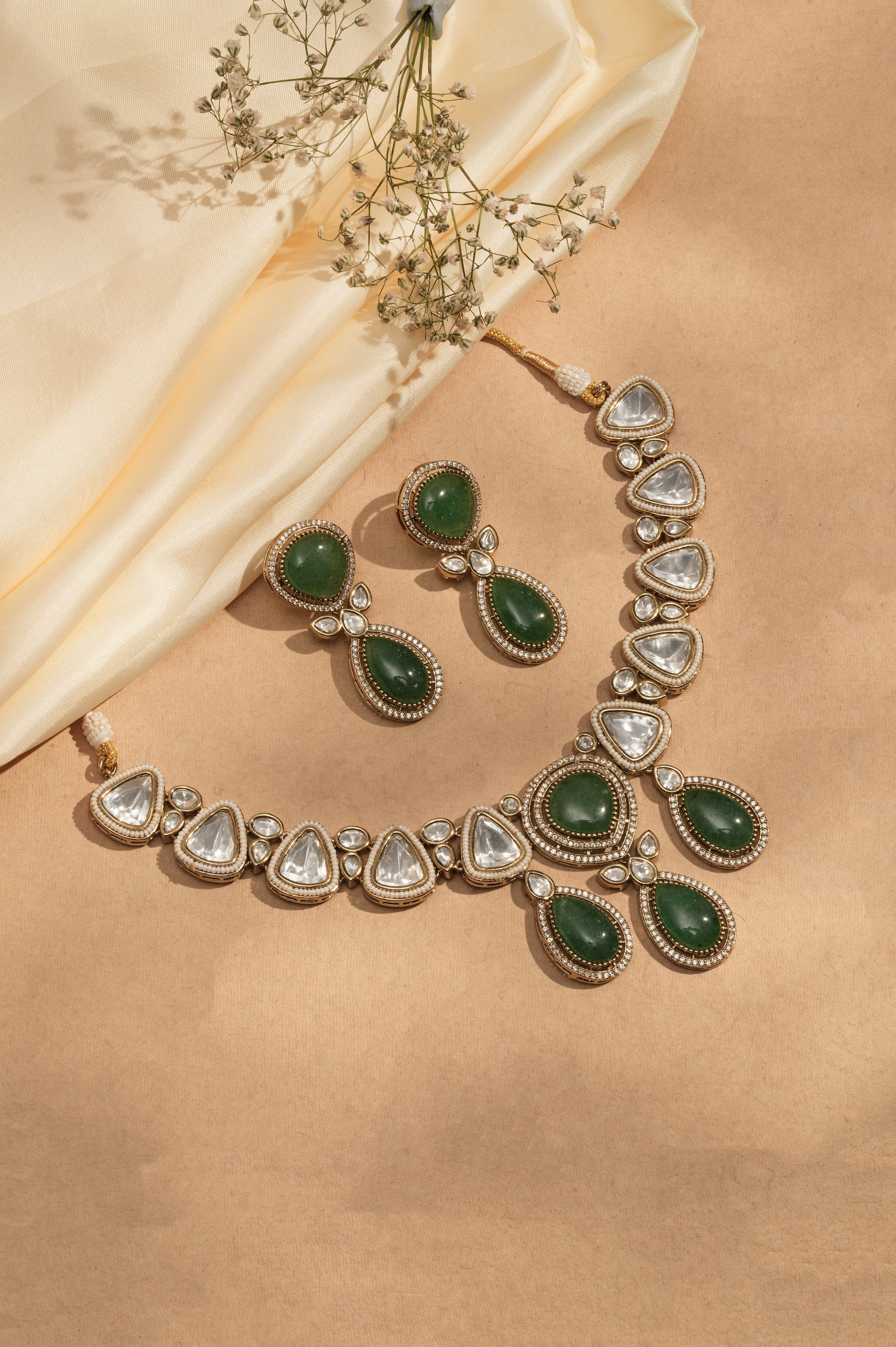 Mataari Elegant Jade‑Green Natural Stone  & Clear Triangle Uncut moissanite Necklace & Earring Set