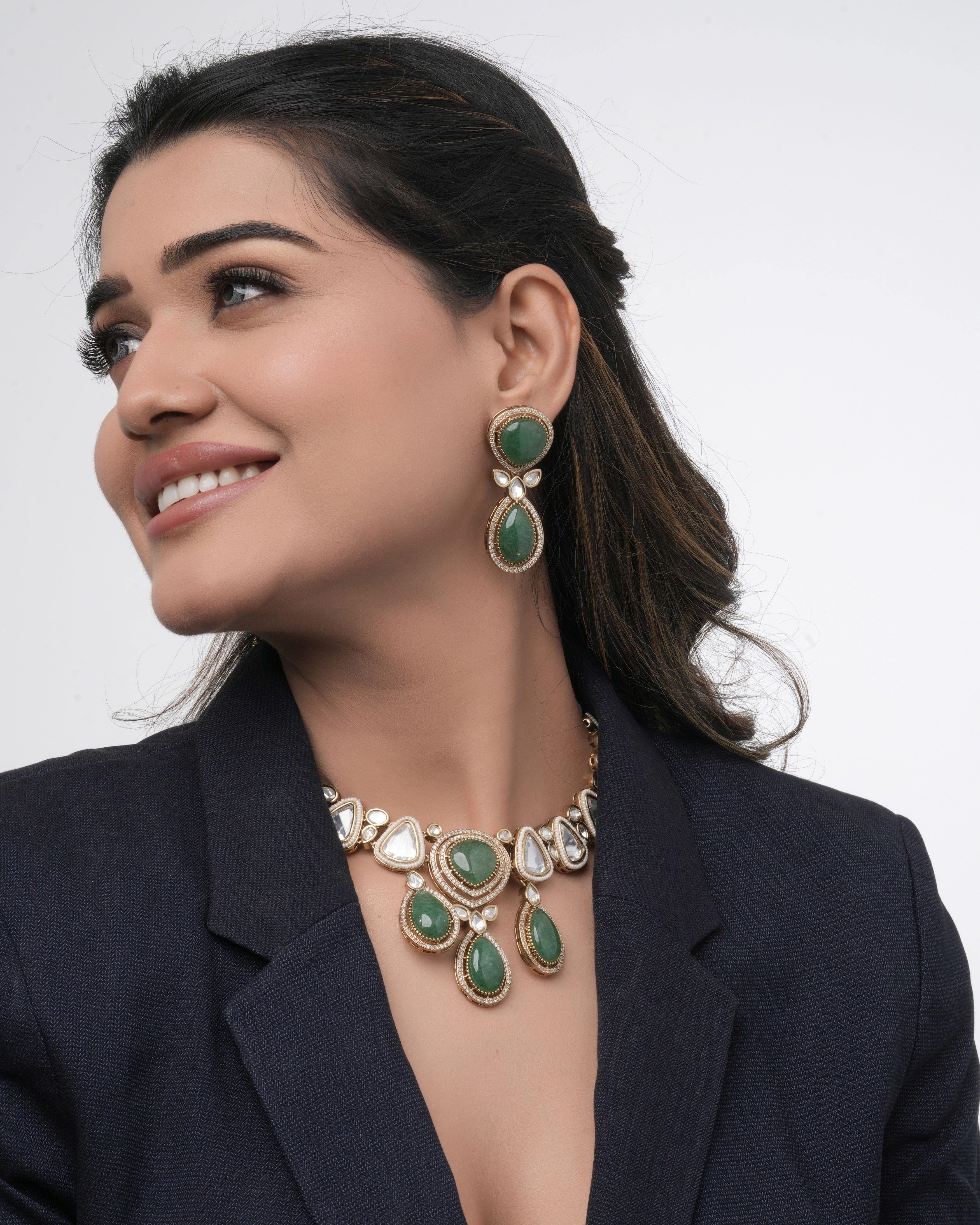 Mataari Elegant Jade‑Green Natural Stone  & Clear Triangle Uncut moissanite Necklace & Earring Set